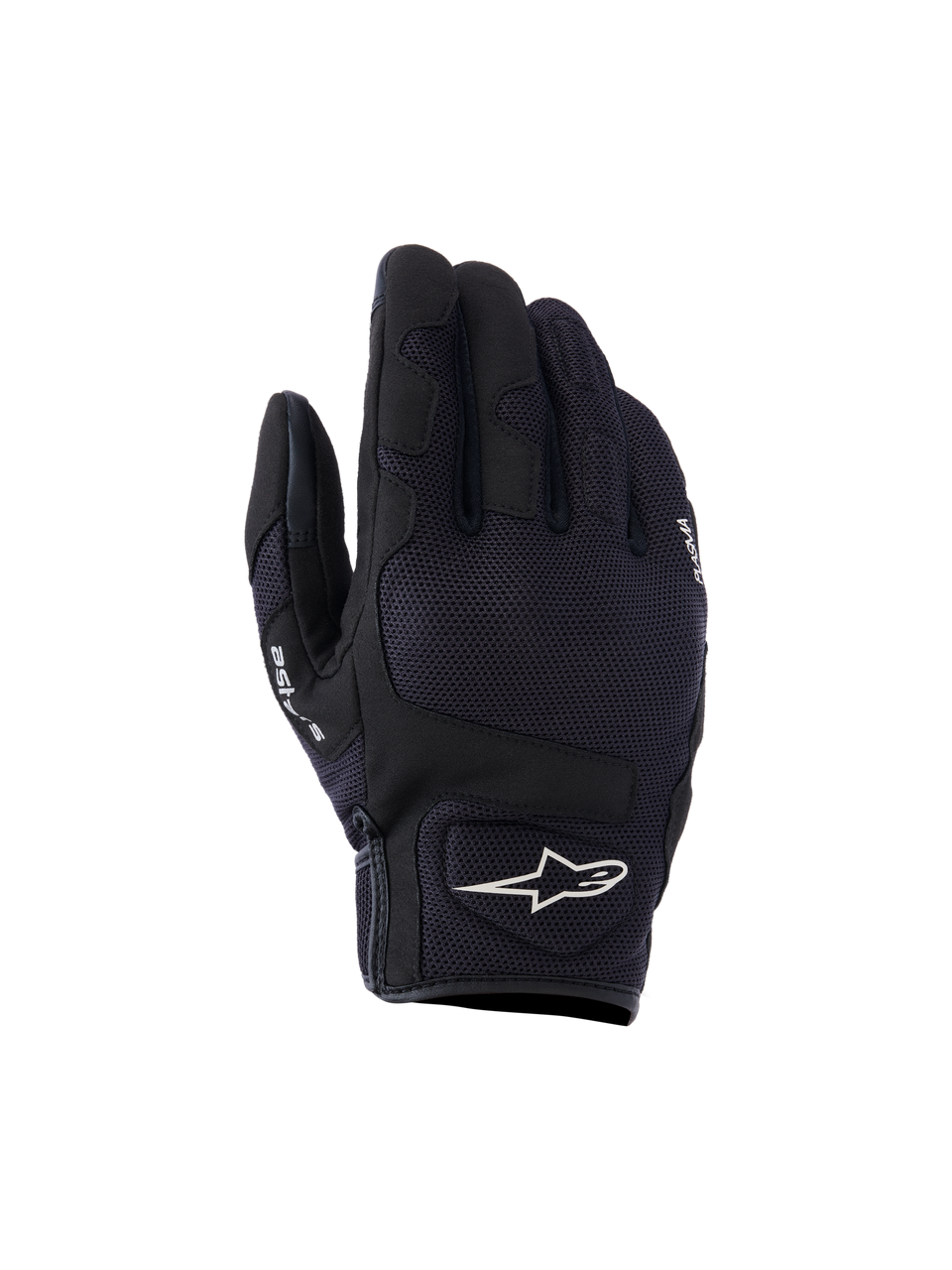 Alpinestars Ignite handskar, urbana motorcykelhandskar, svarta, med ovandel i ventilerande mesh, NUCLEON PLASMA-knogskydd och en vit Alpinestars-stjärnlogotyp på manschetten.