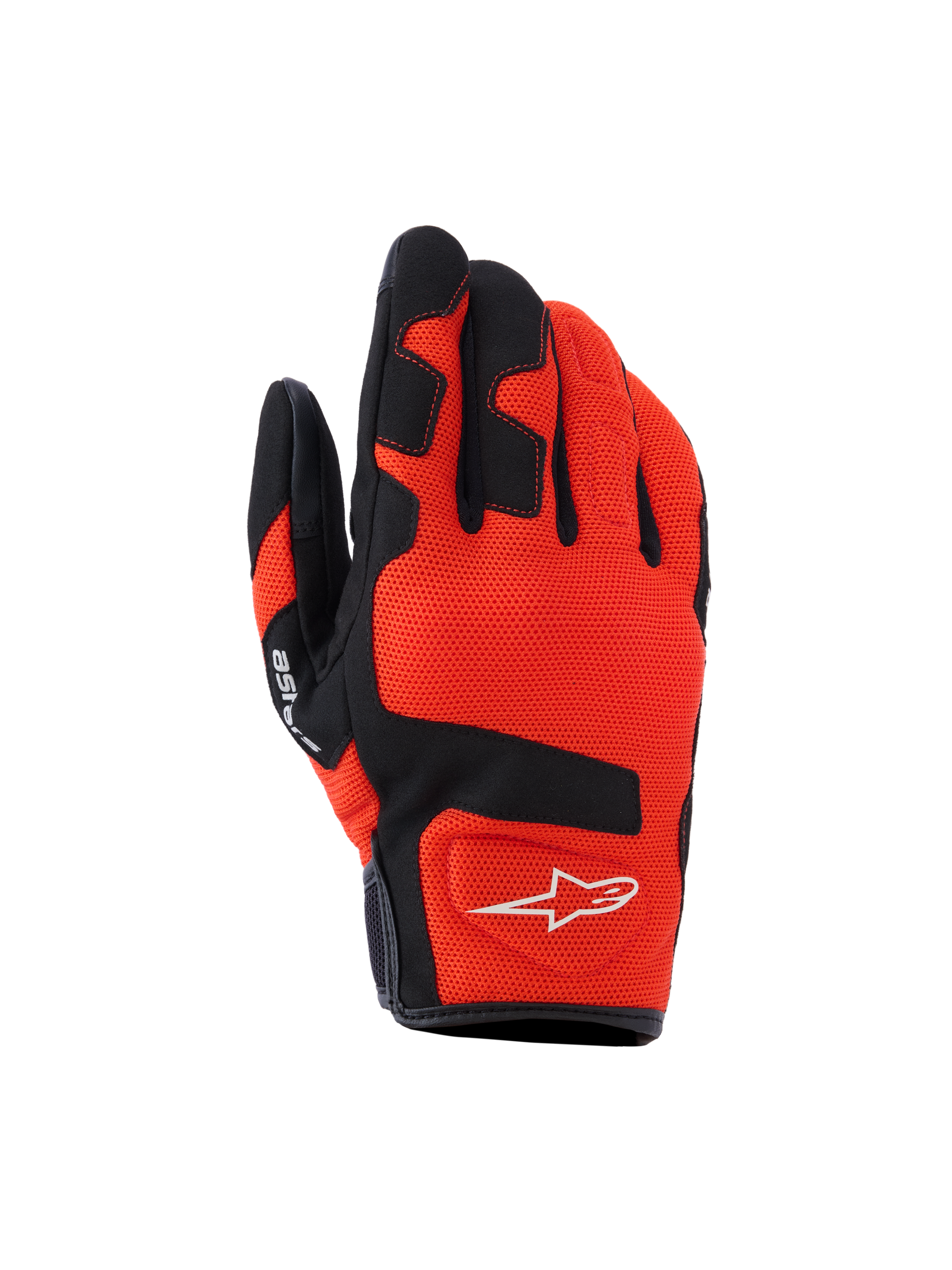 Alpinestars Ignite handskar, motorcykelhandskar, röd tangerine och svart, andningsbart mesh-material, svarta förstärkningar på fingrar och knogar, vit stjärnlogotyp, kort manschettdesign