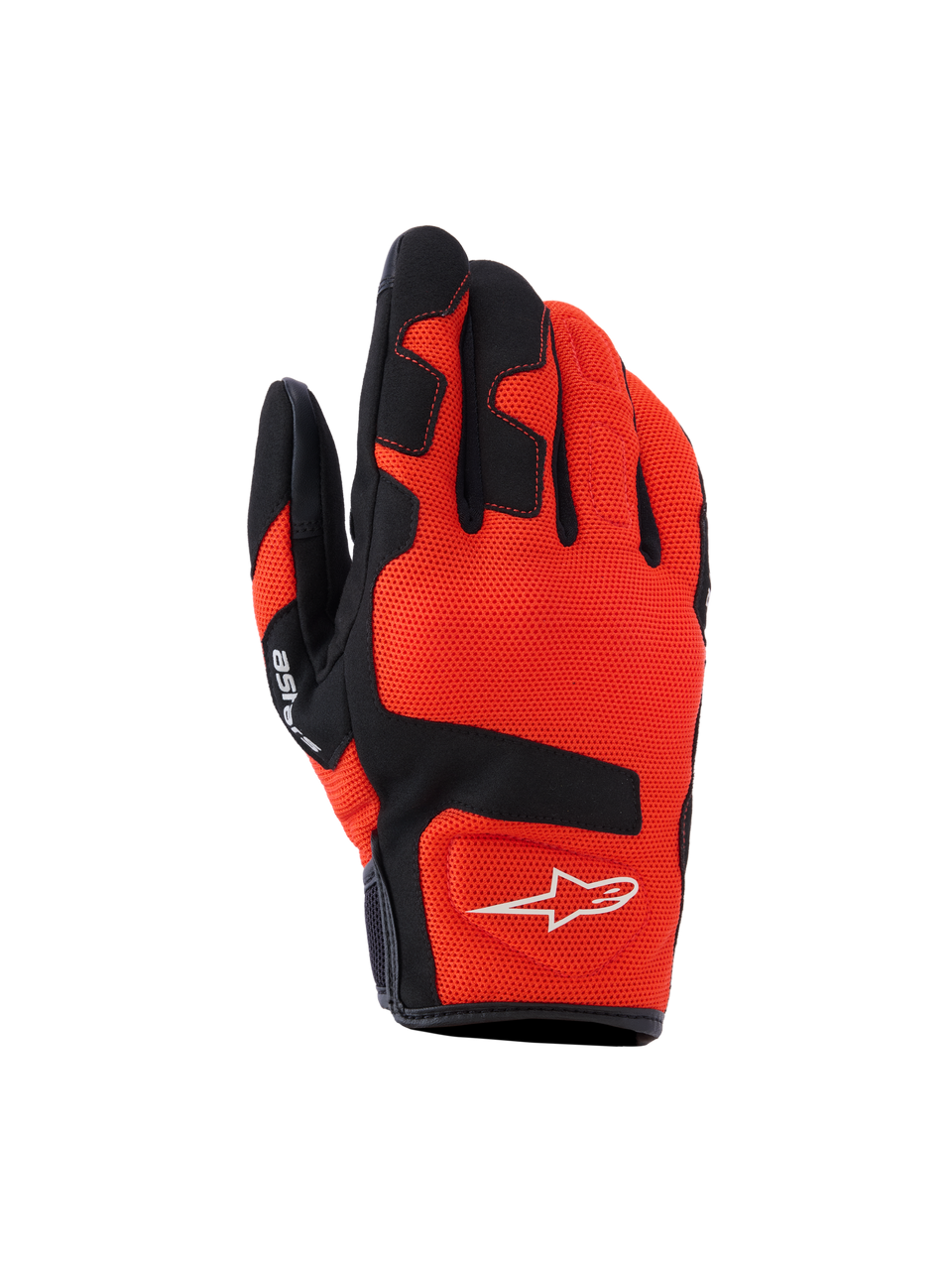 Alpinestars Ignite handskar, motorcykelhandskar, röd tangerine och svart, andningsbart mesh-material, svarta förstärkningar på fingrar och knogar, vit stjärnlogotyp, kort manschettdesign