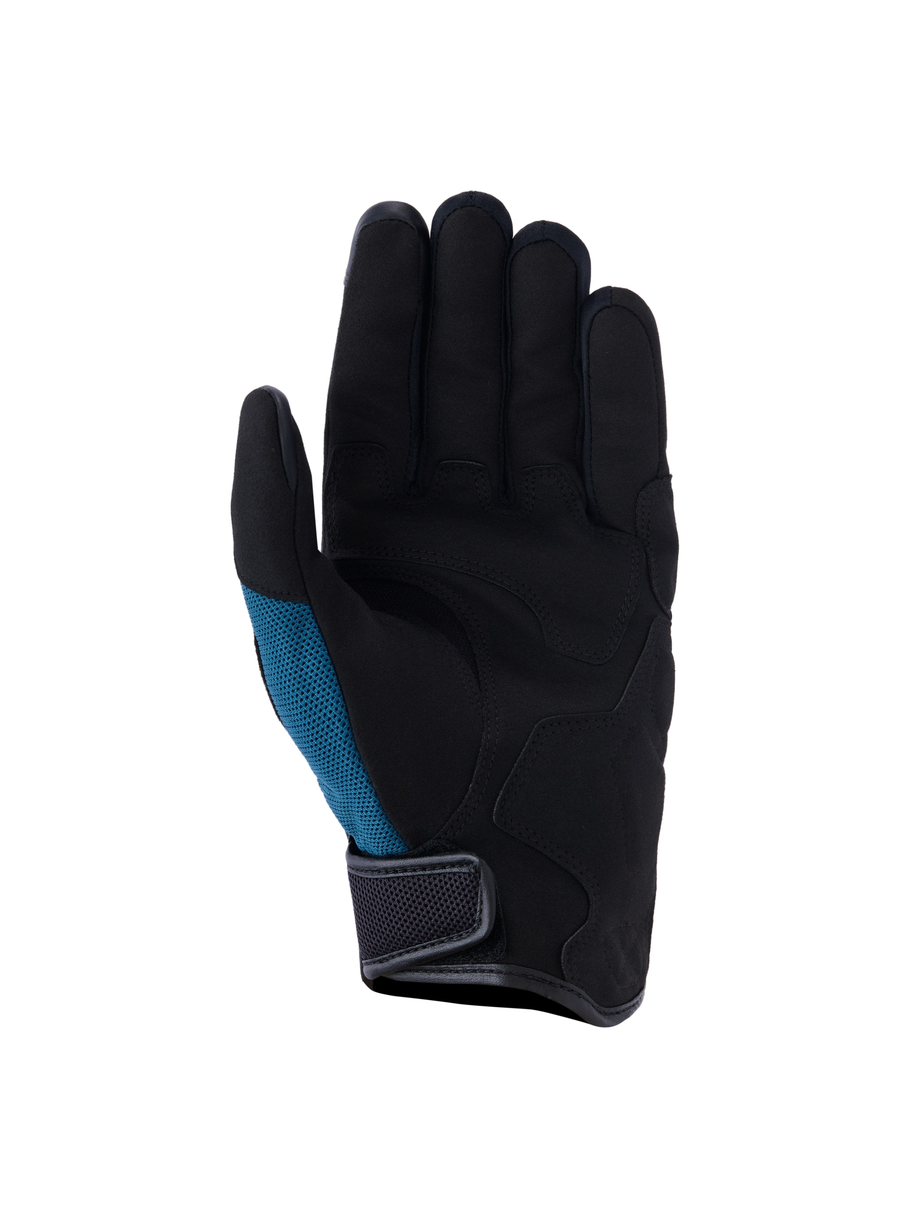 Alpinestars Ignite-handskar, urbana motorcykelhandskar, indigoblå och svarta, vy av handflatan med syntetisk mocka med strategisk vaddering, blågrön mesh-sidopanel och kort manschettdesign med kardborrestängning
