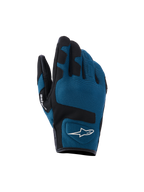 Alpinestars Ignite handskar, urbana motorcykelhandskar, indigoblå och svarta, ventilerande meshkonstruktion på ovansidan, svarta förstärkta paneler över knogarna, vit A-star-logotyp, kort manschett för stadskörning