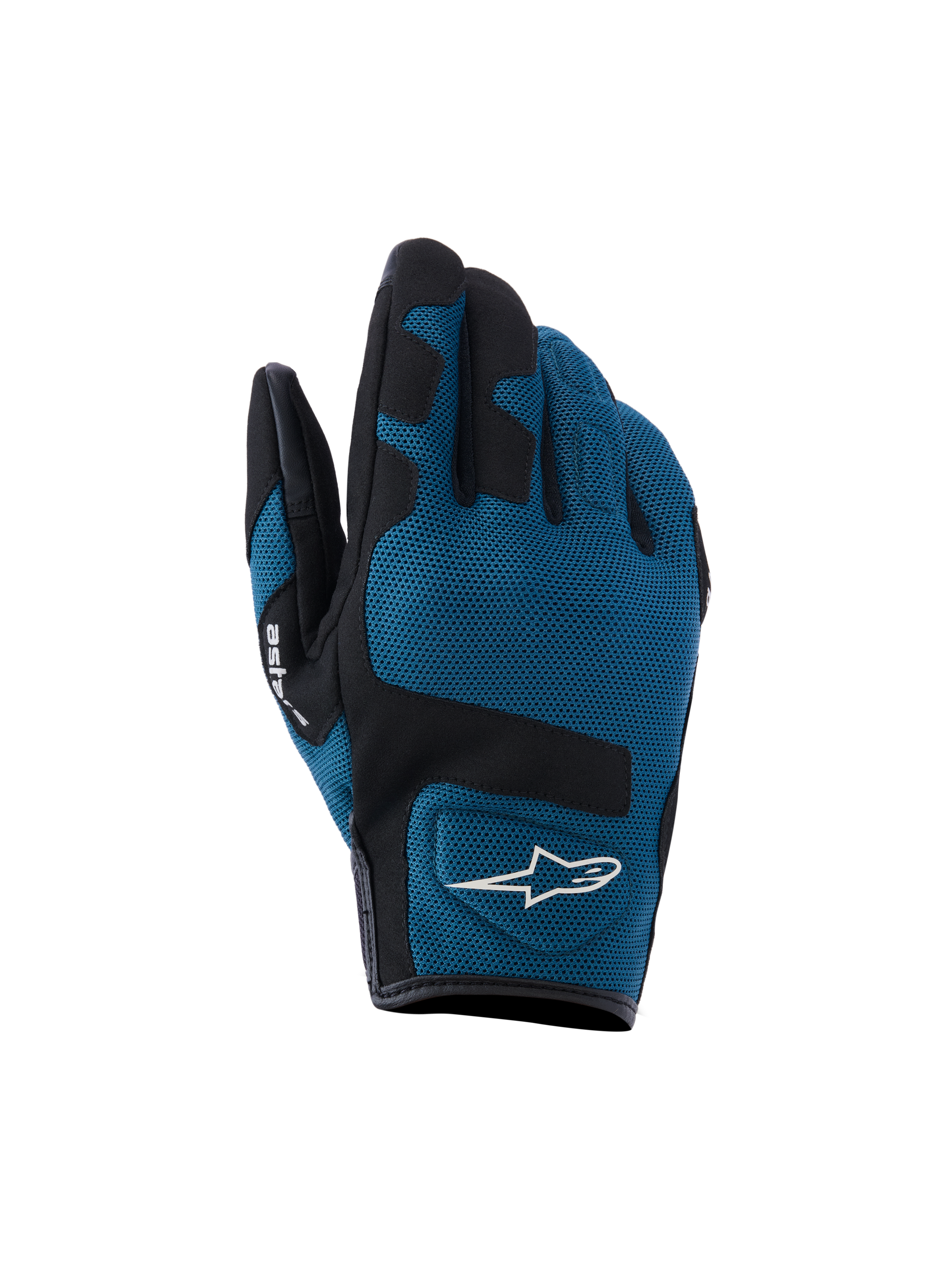 Alpinestars Ignite handskar, urbana motorcykelhandskar, indigoblå och svarta, ventilerande meshkonstruktion på ovansidan, svarta förstärkta paneler över knogarna, vit A-star-logotyp, kort manschett för stadskörning
