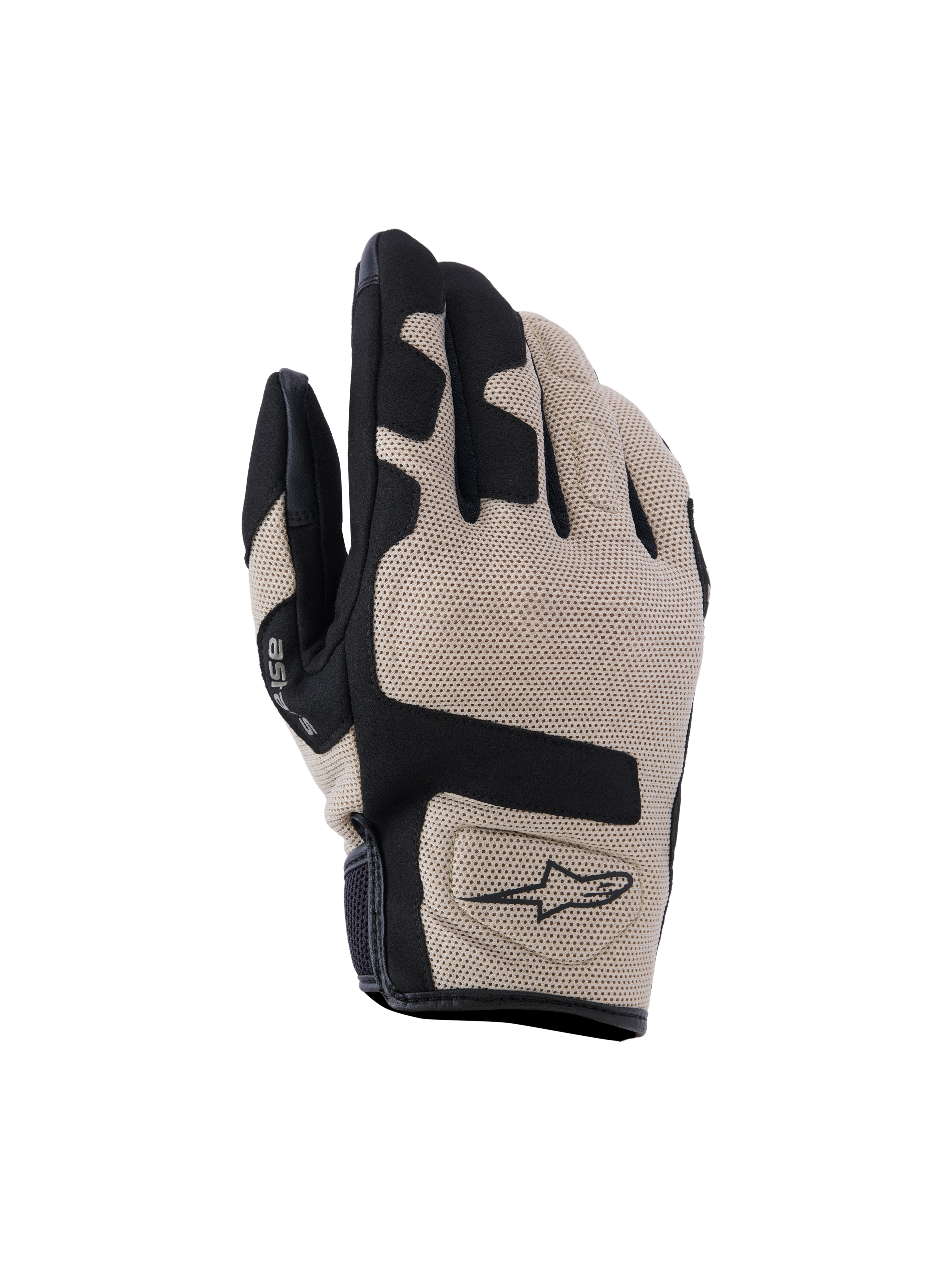 Alpinestars Ignite Gloves, Motorcycle Gloves, Beige and Black, textured mesh top hand with black panel accents, short cuff design with Alpinestars logo, lightweight and breathable protective gear for urban riding