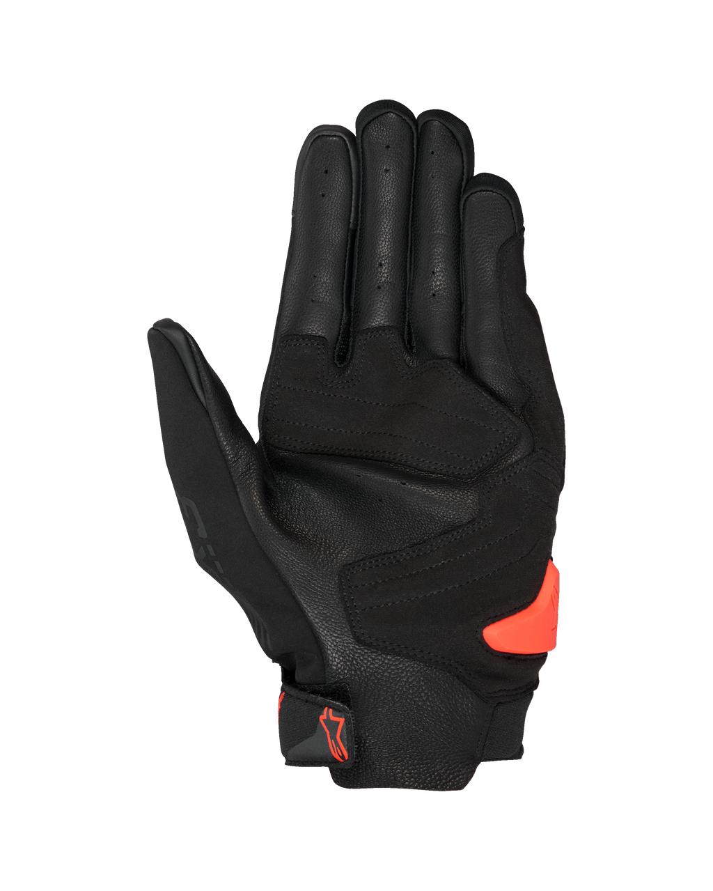 Alpinestars SP X 3 Gloves, Black and Red Fluo, palm view featuring perforated leather, synthetic reinforcements, and a bright orange TPR palm slider, racing and sport motorcycle gear