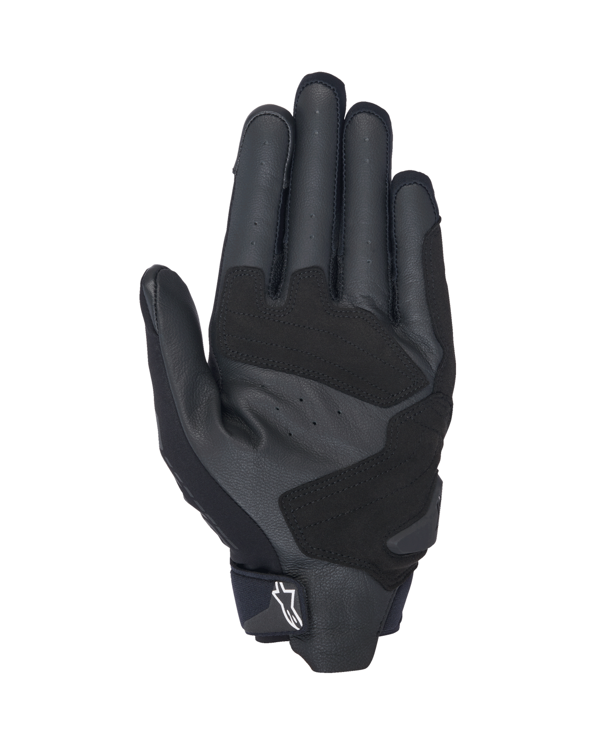 Alpinestars SP X 3-handskar, svartvita motorcykelhandskar, vy från handflatan som visar perforerat läder för ventilation, överdrag i syntetiskt läder för förbättrat grepp och hållbarhet, förstärkta slagzoner och kort manschettdesign med en vit Alpinestars-logotyp på dragfliken.