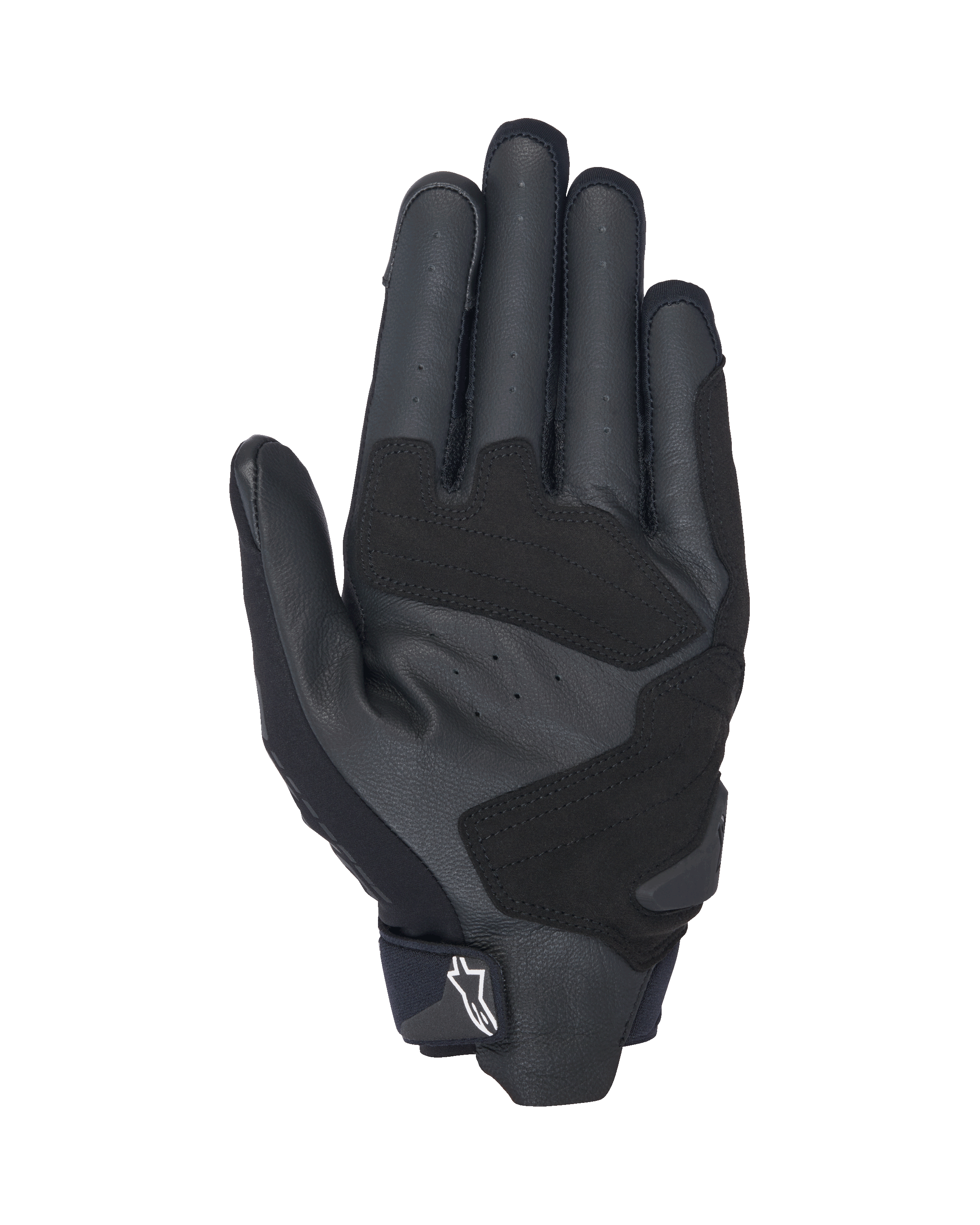Alpinestars SP X 3-handskar, svartvita motorcykelhandskar, vy från handflatan som visar perforerat läder för ventilation, överdrag i syntetiskt läder för förbättrat grepp och hållbarhet, förstärkta slagzoner och kort manschettdesign med en vit Alpinestars-logotyp på dragfliken.