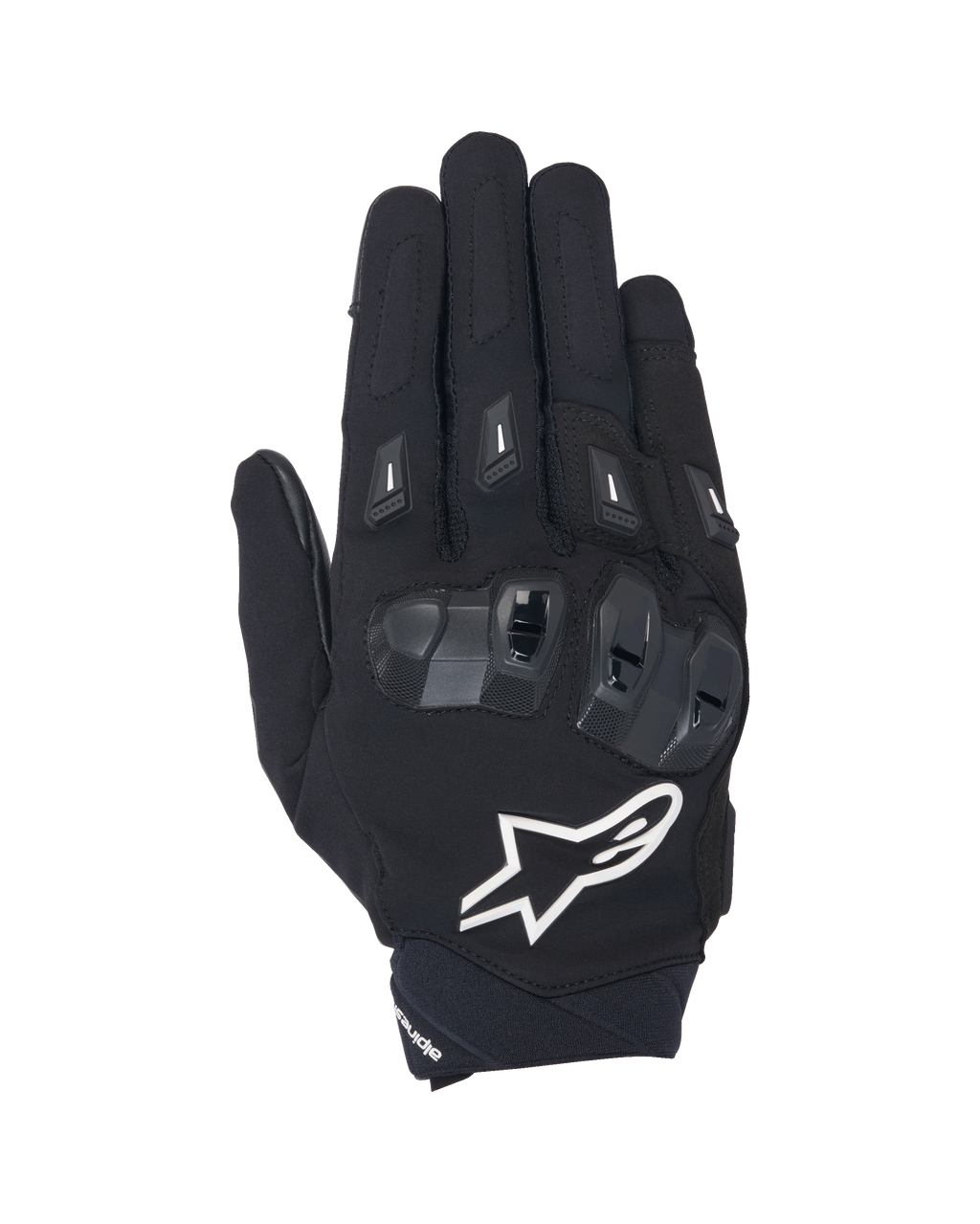 Alpinestars SP X 3 handskar, svarta och vita motorcykelhandskar med kort krage, vy ovanifrån som visar TPU-knogskydd med dubbel densitet, stor vit stjärnlogotyp och fingerskydd, designade för sport- och landsvägskörning