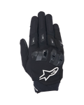 Alpinestars SP X 3 handskar, svarta och vita motorcykelhandskar med kort krage, vy ovanifrån som visar TPU-knogskydd med dubbel densitet, stor vit stjärnlogotyp och fingerskydd, designade för sport- och landsvägskörning