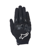 Alpinestars SP X 3 handskar, svarta och vita motorcykelhandskar med kort krage, vy ovanifrån som visar TPU-knogskydd med dubbel densitet, stor vit stjärnlogotyp och fingerskydd, designade för sport- och landsvägskörning
