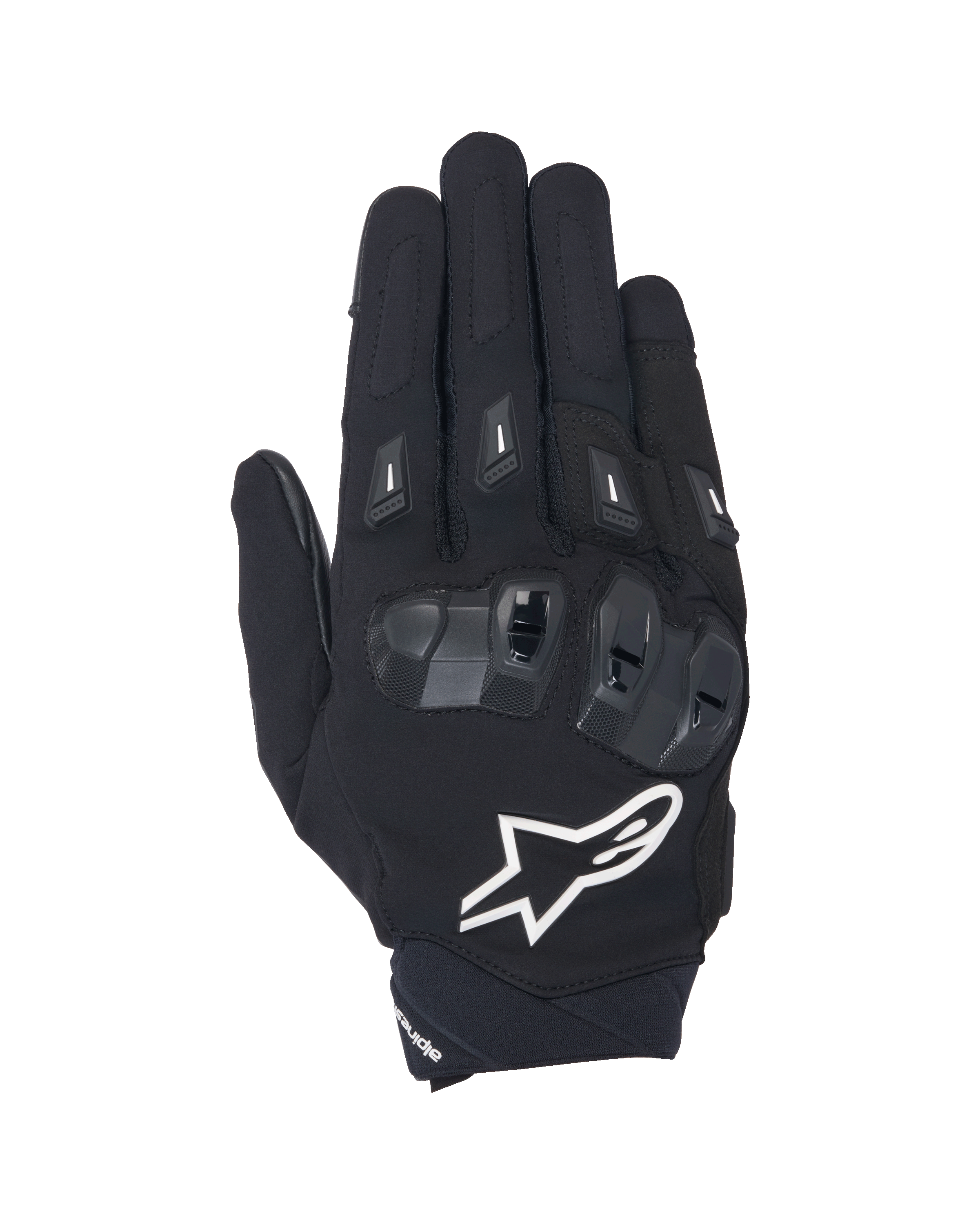 Alpinestars SP X 3 handskar, svarta och vita motorcykelhandskar med kort krage, vy ovanifrån som visar TPU-knogskydd med dubbel densitet, stor vit stjärnlogotyp och fingerskydd, designade för sport- och landsvägskörning