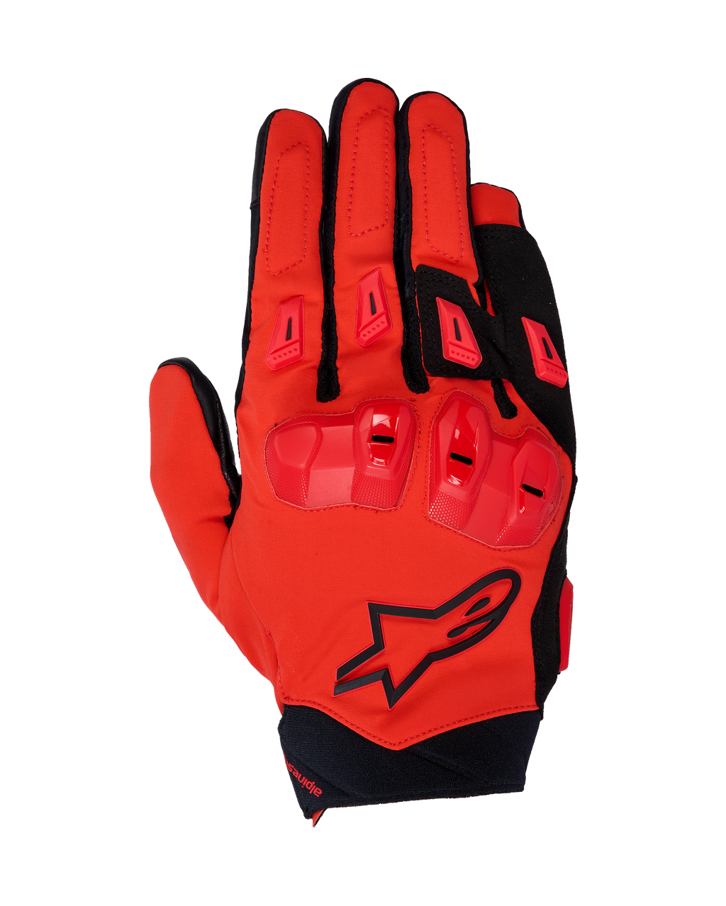 Alpinestars 2025 SP X 3-handskar, motorcykelhandskar för racing, klarröda och svarta, med TPU-knogskydd i dubbla densiteter och fingersliders, vy ovanifrån som visar stretch-mesh-konstruktion och svart stjärnlogotyp