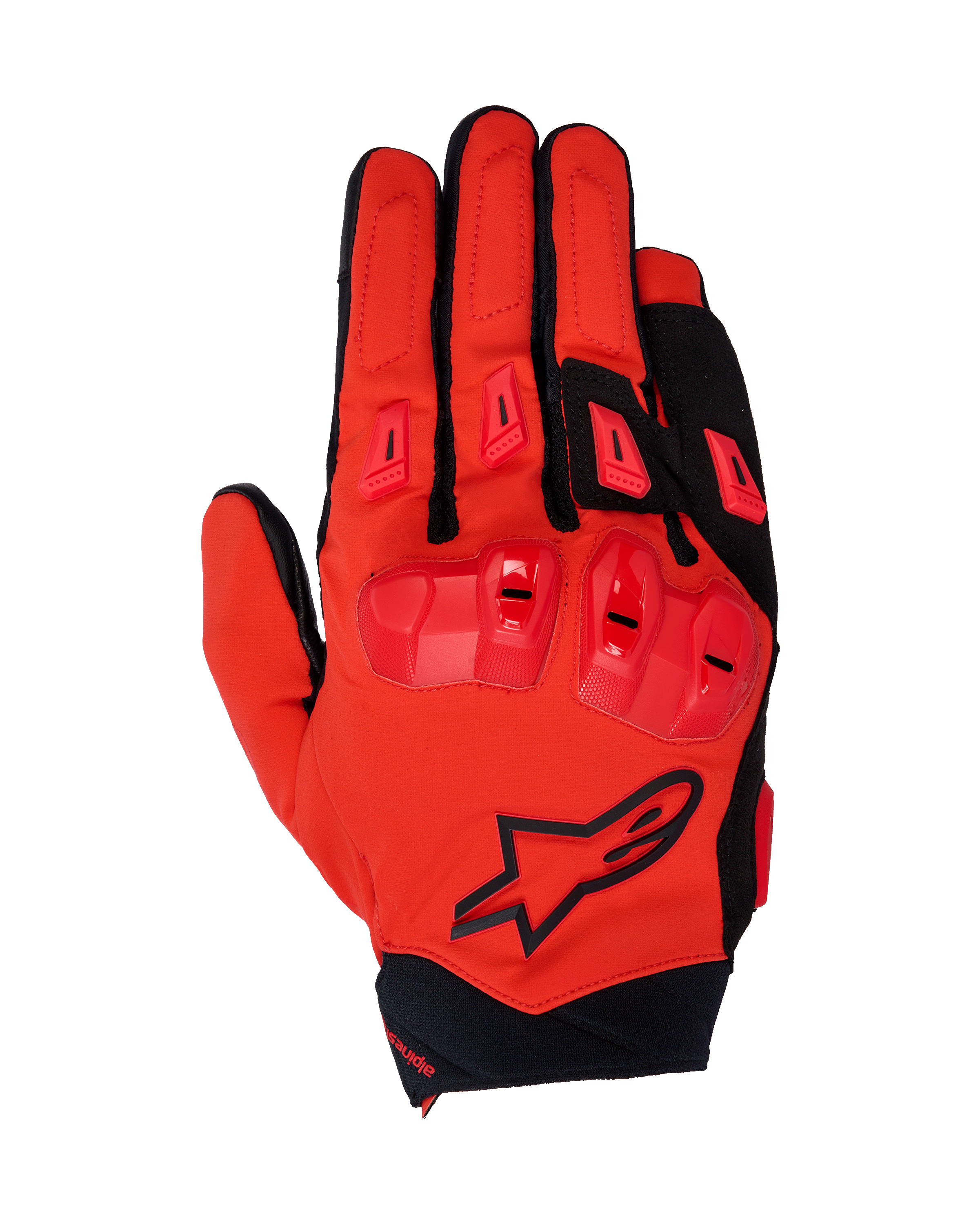 Alpinestars 2025 SP X 3-handskar, motorcykelhandskar för racing, klarröda och svarta, med TPU-knogskydd i dubbla densiteter och fingersliders, vy ovanifrån som visar stretch-mesh-konstruktion och svart stjärnlogotyp