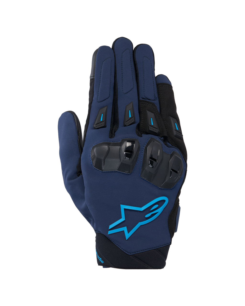 Alpinestars SP X 3 Gloves, Motorcycle Racing Gloves, Dark Blue and Black with Blithe Blue accents, featuring TPU double-density knuckle protection and Alpinestars star logo, textile and mesh construction for sport riding