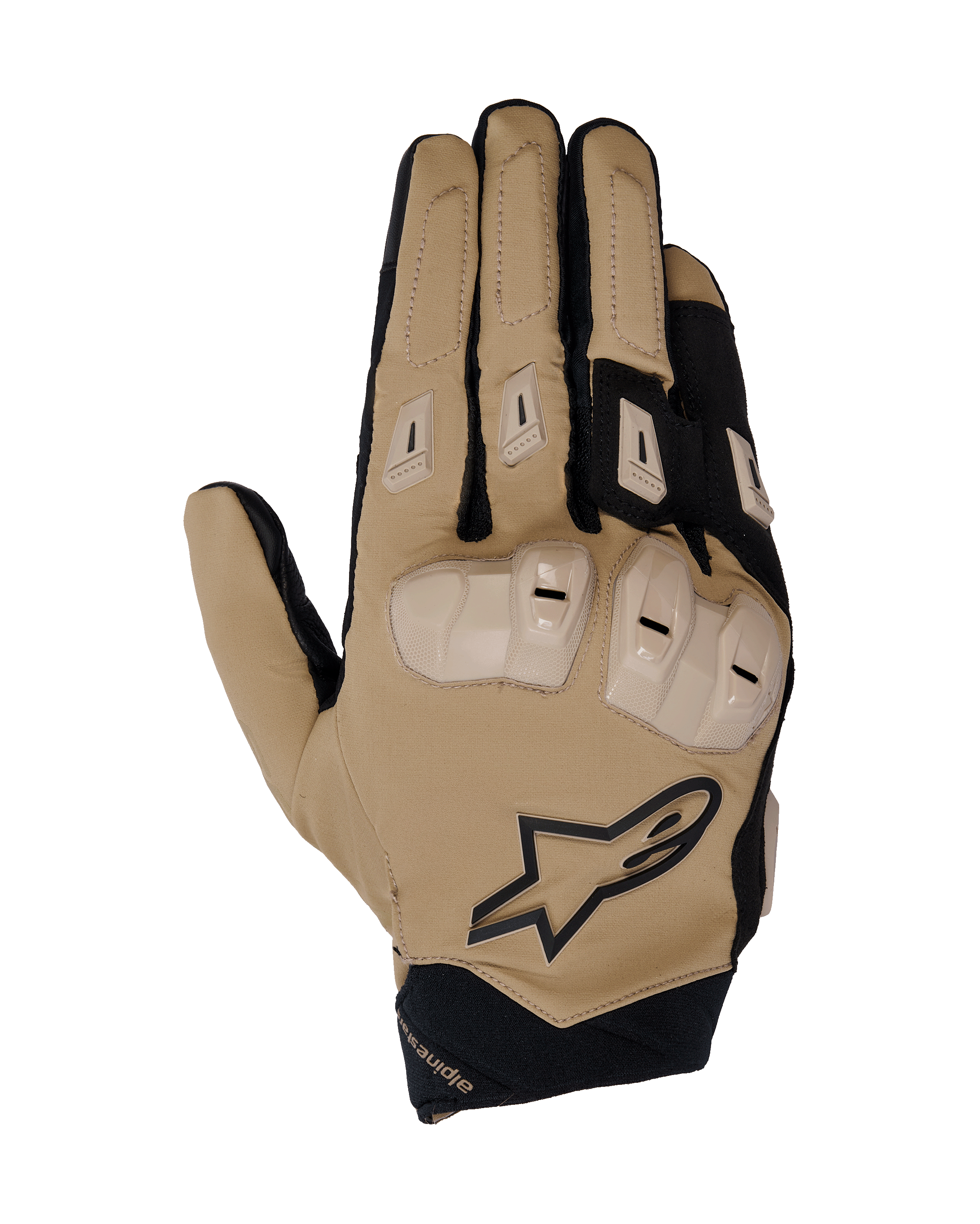Alpinestars SP X 3 Gloves, Motorcycle Racing Gloves, Dark Khaki Sand and Black, featuring TPU double-density knuckle protection, reinforced finger padding, stretch woven material for breathability, and integrated branding.