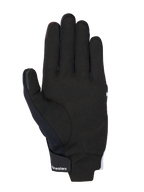 Alpinestars MM93 Reef V2-handskar, vy av handflatan, svarta med starkt röda och vita detaljer, handflata i syntetmocka, vadderade förstärkningar och kardborreband vid handleden med Alpinestars-branding, modern urban motorcykelutrustning