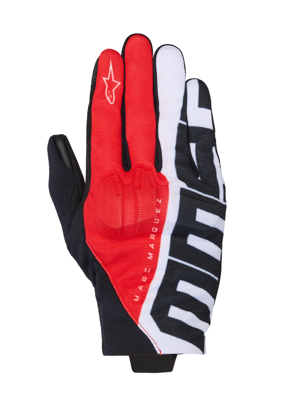 Alpinestars MM93 Reef V2 handskar, motorcykelhandskar, svarta, klarröda och vita, med Marc Marquez-signaturmärkning och stor MM93-grafik, textilkonstruktion med integrerat knogskydd, urban körutrustning med kort mudd