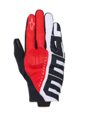 Alpinestars MM93 Reef V2 handskar, motorcykelhandskar, svarta, klarröda och vita, med Marc Marquez-signaturmärkning och stor MM93-grafik, textilkonstruktion med integrerat knogskydd, urban körutrustning med kort mudd