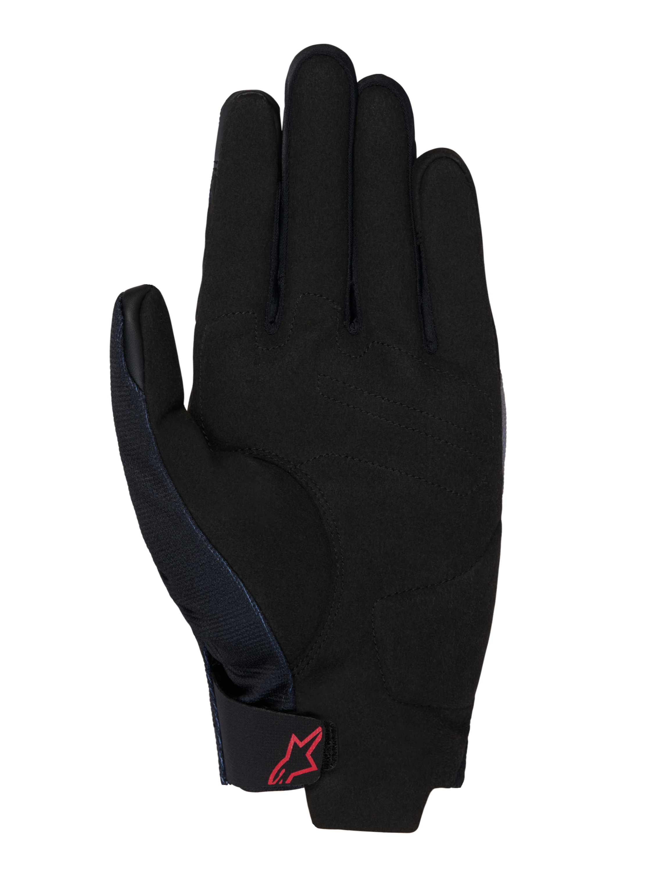 Honda Reef V2 Gloves, palm view, black synthetic suede with padded reinforcement, red Alpinestars logo on the hook-and-loop wrist strap, short cuff design for motorcycle riding