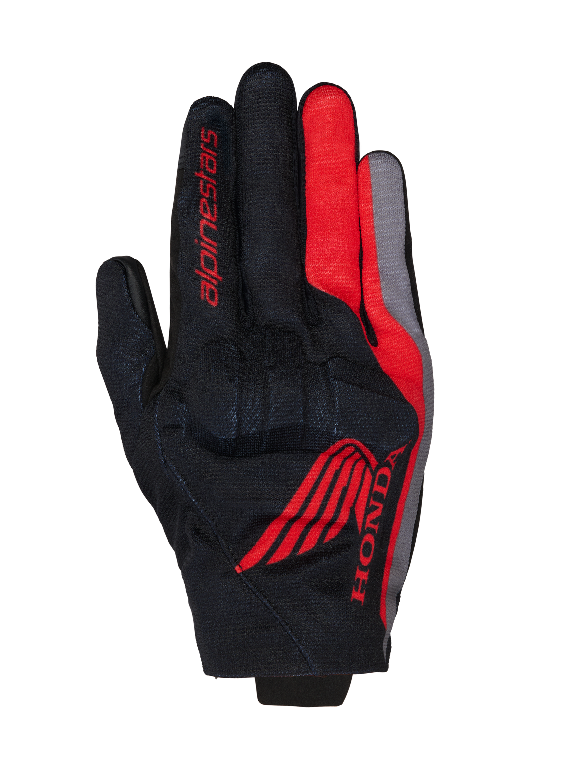 Alpinestars Honda Reef V2-handskar, motorcykelhandskar, svarta med klarröda och mörkgrå detaljer, röd Honda-vinglogotyp och Alpinestars-logotyp, ventilerande textilkonstruktion med integrerat knogskydd, kort krage