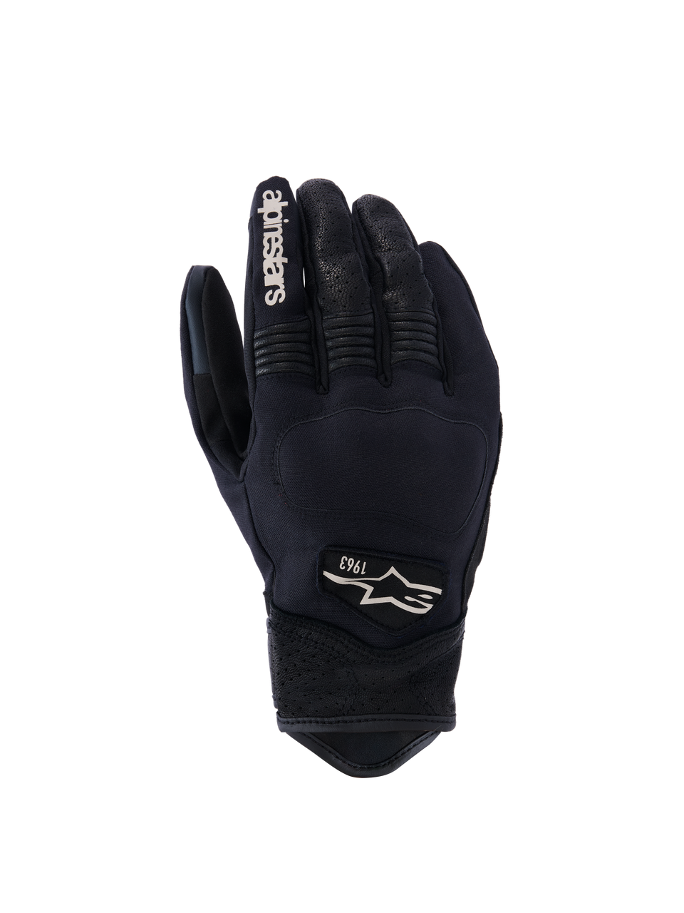 Alpinestars Tracker Gloves, Motorcycle Gloves, Black, backhand view showing stretch textile construction, perforated leather details on fingers and wrist, white branding on index finger, Alpinestars logo with 1963 on the back, padded knuckle area, short cuff urban design