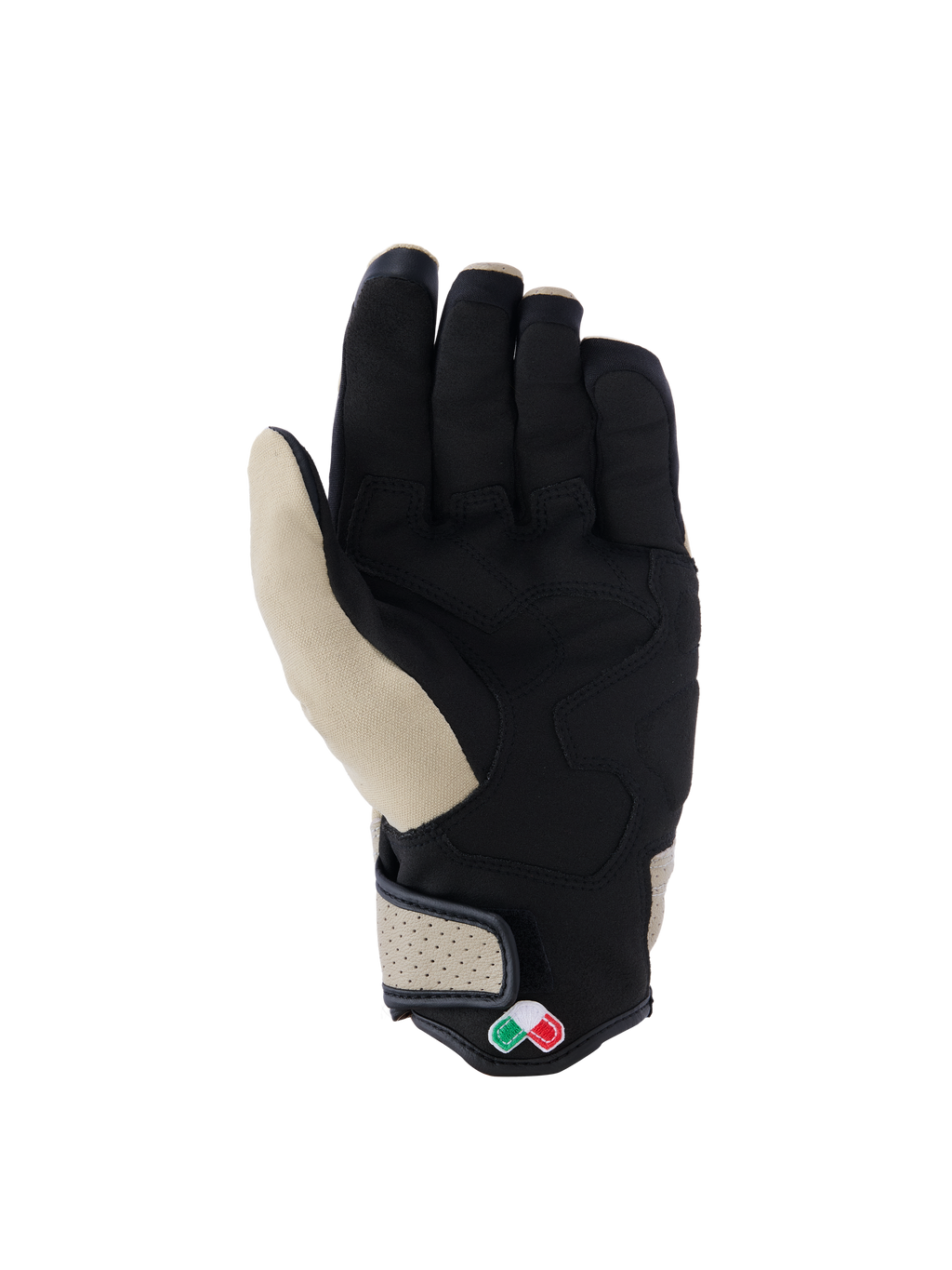 Alpinestars Tracker-handskar, urban MC-handskar, aluminium och svart, vy av handflatan med konstruktion i syntetisk mocka, vadderade förstärkningar, perforerad lädermanschett och kort manschettdesign.