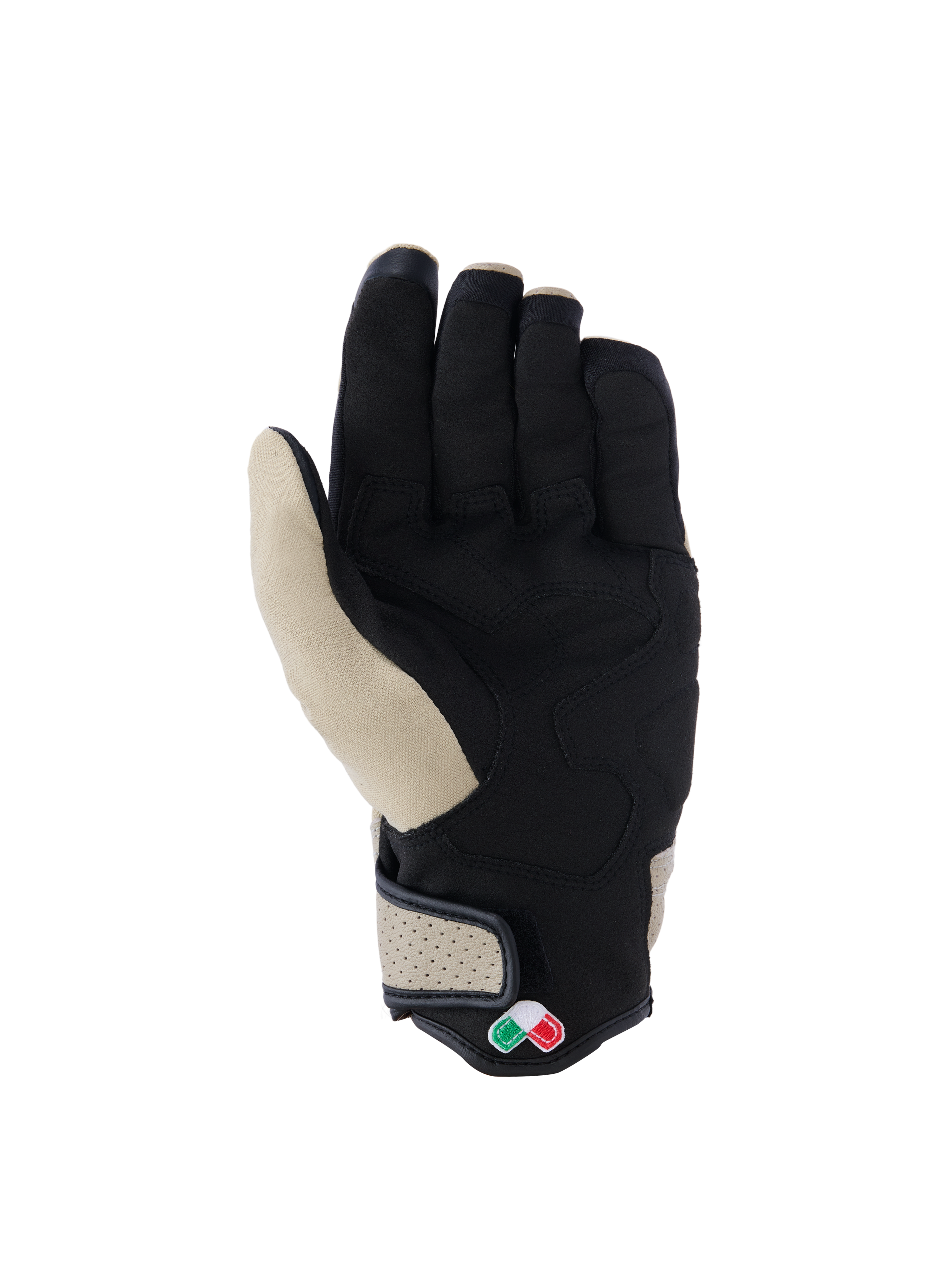 Alpinestars Tracker-handskar, urban MC-handskar, aluminium och svart, vy av handflatan med konstruktion i syntetisk mocka, vadderade förstärkningar, perforerad lädermanschett och kort manschettdesign.