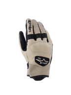 Alpinestars Tracker-handskar, motorcykelhandskar, beige och svarta, perforerat läder, svarta dragspelsinsatser i stretch och 1963-logotyp, urban arbetsklädesstil