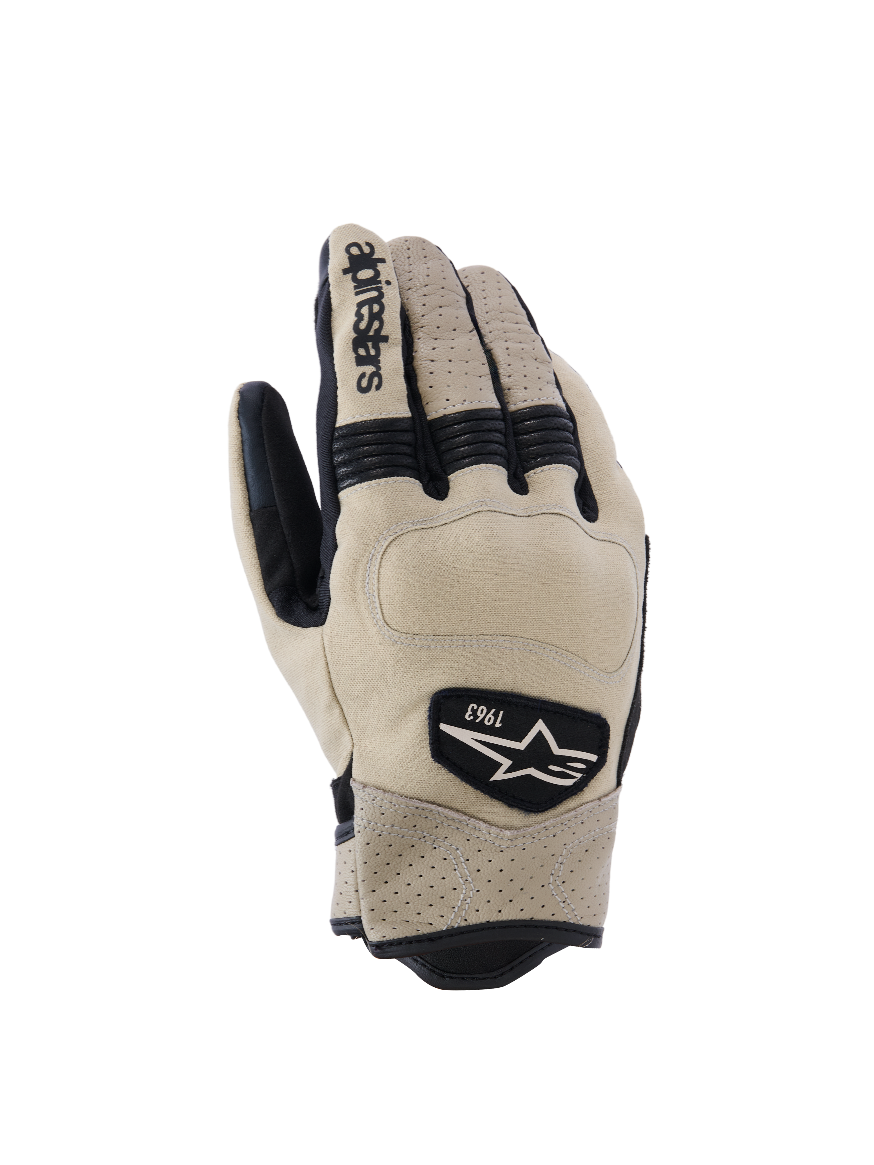 Alpinestars Tracker-handskar, motorcykelhandskar, beige och svarta, perforerat läder, svarta dragspelsinsatser i stretch och 1963-logotyp, urban arbetsklädesstil