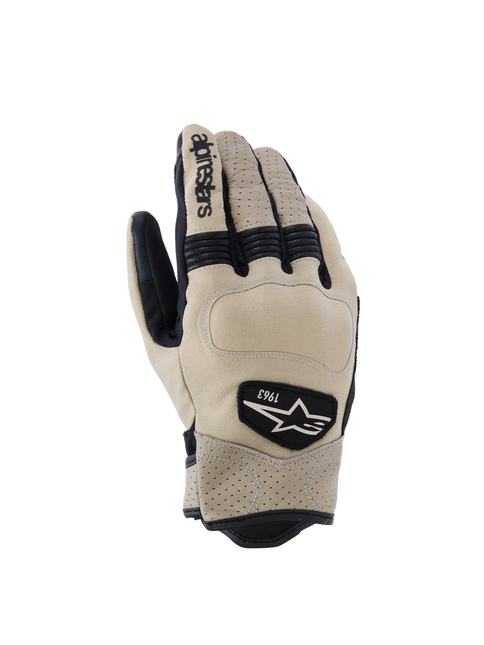 Alpinestars Tracker-handskar, motorcykelhandskar, beige och svarta, perforerat läder, svarta dragspelsinsatser i stretch och 1963-logotyp, urban arbetsklädesstil