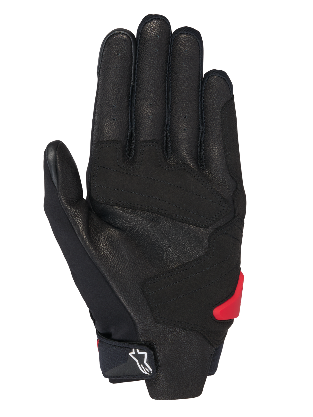 Alpinestars Honda SP X 3-handskar, motorcykelhandskar, svarta med ljusröda detaljer, vy av handflatan med perforerat läder, syntetiska överlägg för grepp, röd TPR-handflatslider och vit Alpinestars-logotyp på den justerbara mudden