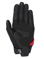 Alpinestars Honda SP X 3-handskar, motorcykelhandskar, svarta med ljusröda detaljer, vy av handflatan med perforerat läder, syntetiska överlägg för grepp, röd TPR-handflatslider och vit Alpinestars-logotyp på den justerbara mudden
