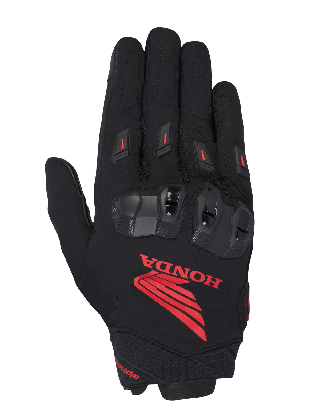 Alpinestars Honda SP X 3-handskar, motorcykelsporthandskar, svarta med framträdande röd Honda-logotyp, svarta TPU-knogskydd, röda fingersliders, konstruktion i teknisk textil och läder