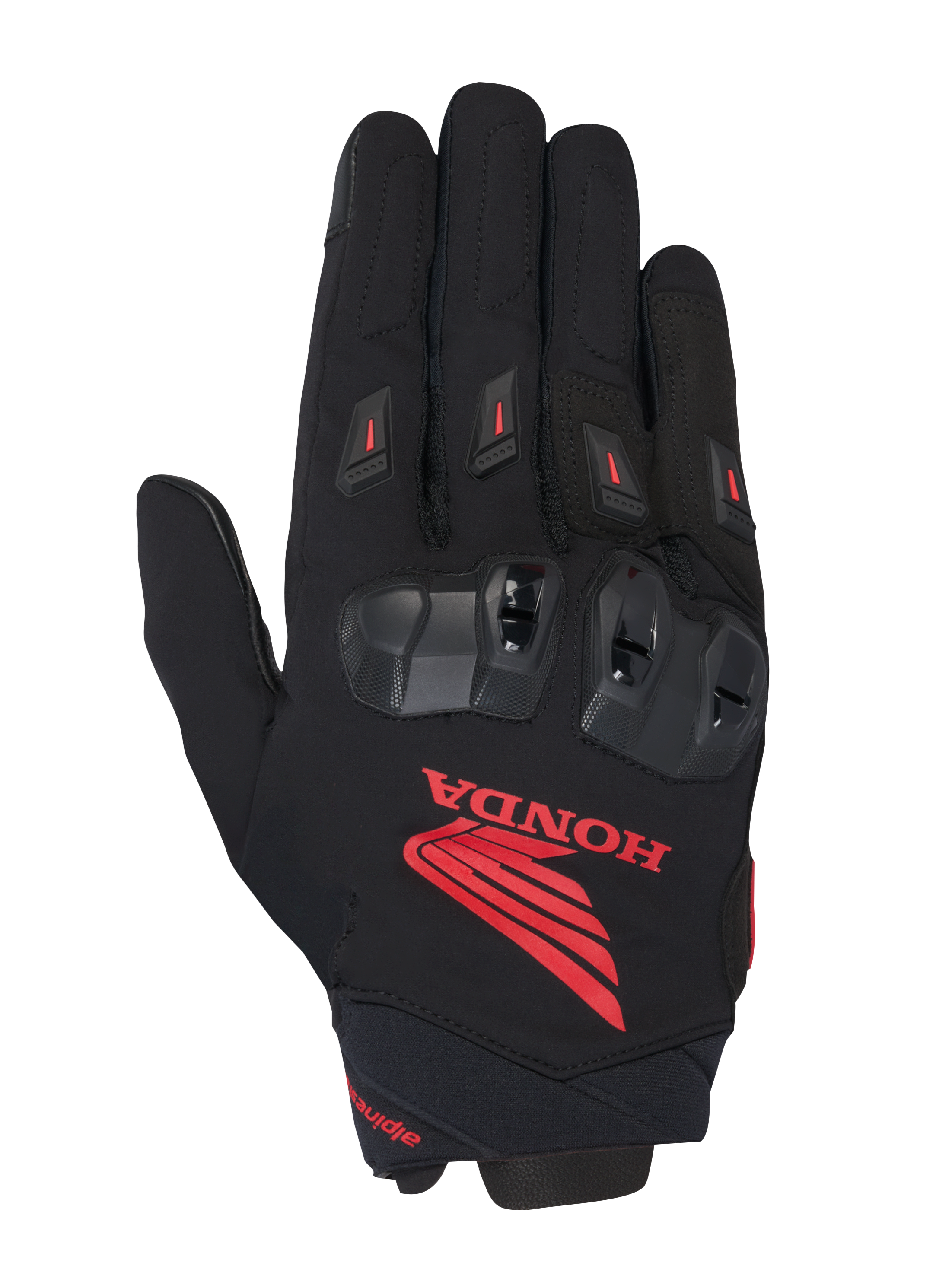 Alpinestars Honda SP X 3-handskar, motorcykelsporthandskar, svarta med framträdande röd Honda-logotyp, svarta TPU-knogskydd, röda fingersliders, konstruktion i teknisk textil och läder