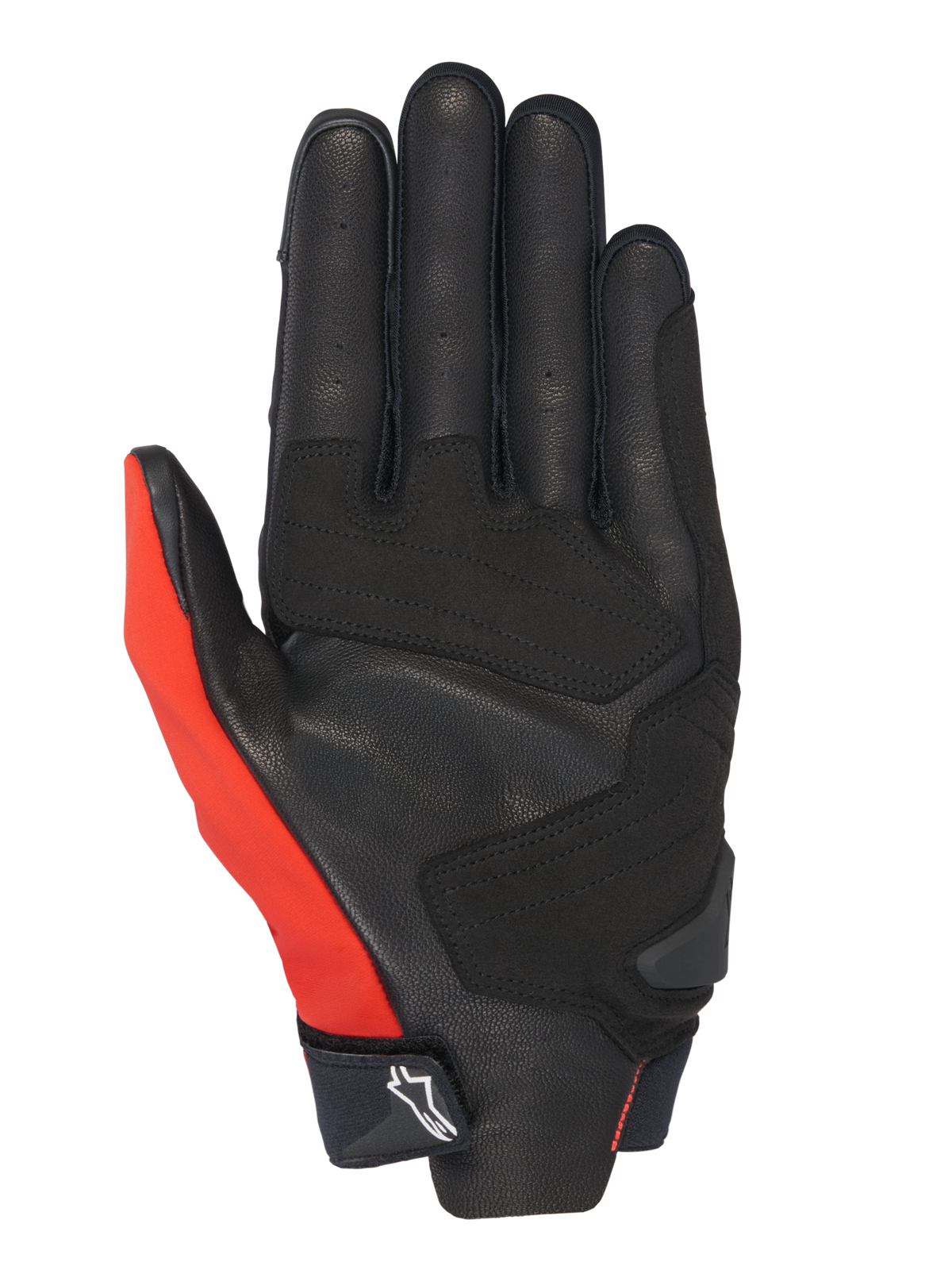 Alpinestars Honda SP X 3-handskar, motorcykelhandskar, klarröd, svart och vit, vy av handflatan med perforerad läderkonstruktion och syntetiska förstärkningar, en klarröd tumpanel och en kompakt manschett med Alpinestars-logotyp.