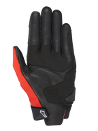 Alpinestars Honda SP X 3-handskar, motorcykelhandskar, klarröd, svart och vit, vy av handflatan med perforerad läderkonstruktion och syntetiska förstärkningar, en klarröd tumpanel och en kompakt manschett med Alpinestars-logotyp.