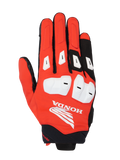 Alpinestars Honda SP X 3 handskar, sportiga motorcykelhandskar, ljusröda, svarta och vita, med vita TPU-knogskydd och fingersliders, stor vit Honda Wing-logotyp på ovansidan, ventilerande design i flera material för sommarkörning på väg