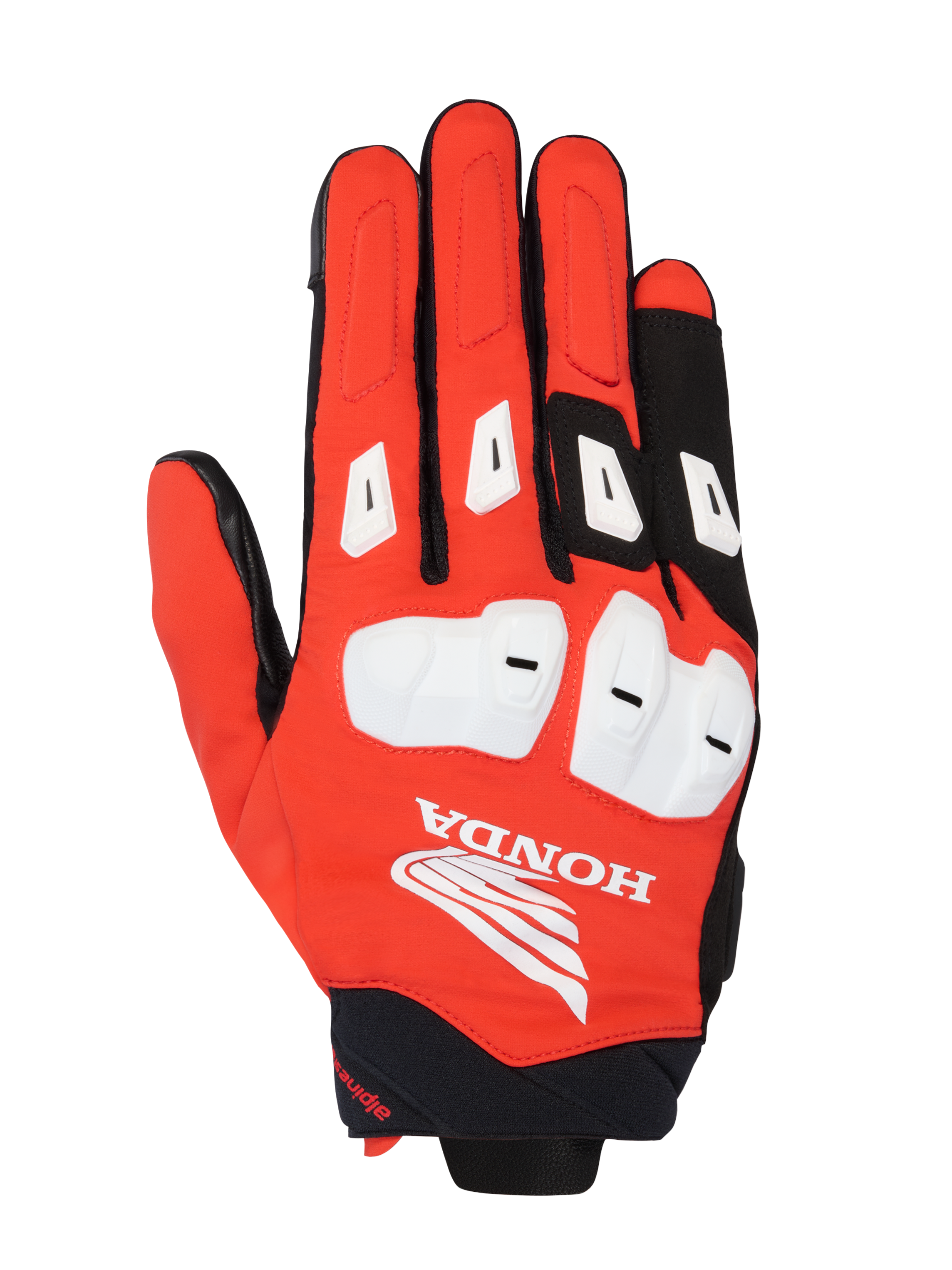 Alpinestars Honda SP X 3 handskar, sportiga motorcykelhandskar, ljusröda, svarta och vita, med vita TPU-knogskydd och fingersliders, stor vit Honda Wing-logotyp på ovansidan, ventilerande design i flera material för sommarkörning på väg