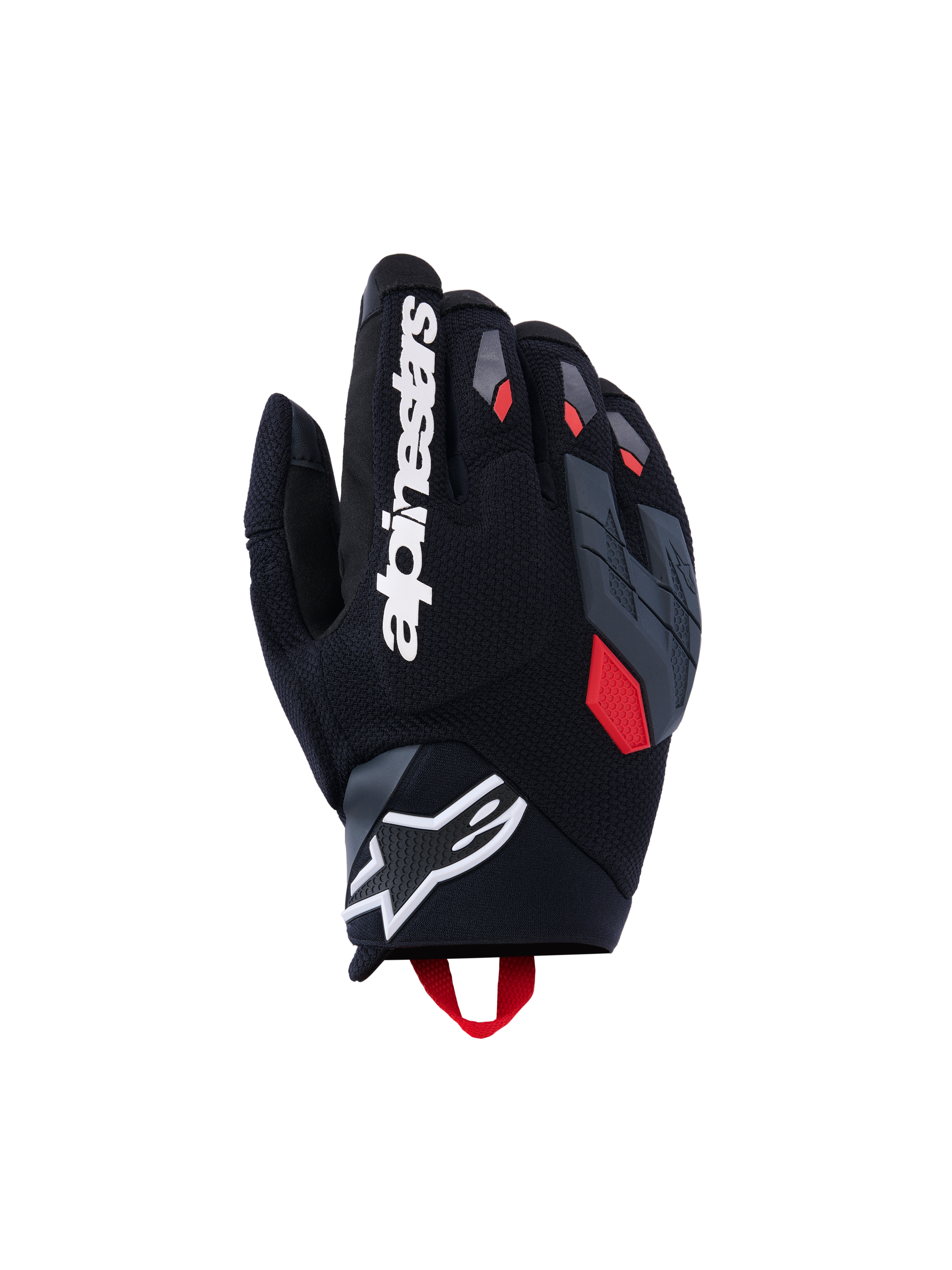 Alpinestars Durack handskar, motorcykelhandskar, svarta med mörkgrå och klaröda detaljer, texturerad ovansida i textil, delat grått knogskydd, vit Alpinestars-text på pekfingret och vit stjärnlogotyp på handled i neopren