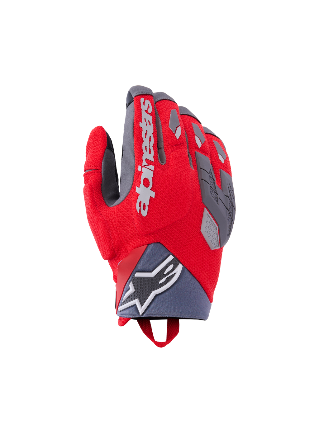 Alpinestars Durack-handskar, motorcykelhandskar, klarröda och mellangrå, med delat knogskydd och grå TPR-detaljer, vit Alpinestars-logotyp på handryggen, neoprenmudd med stjärnlogotyp och funktionell äventyrsdesign