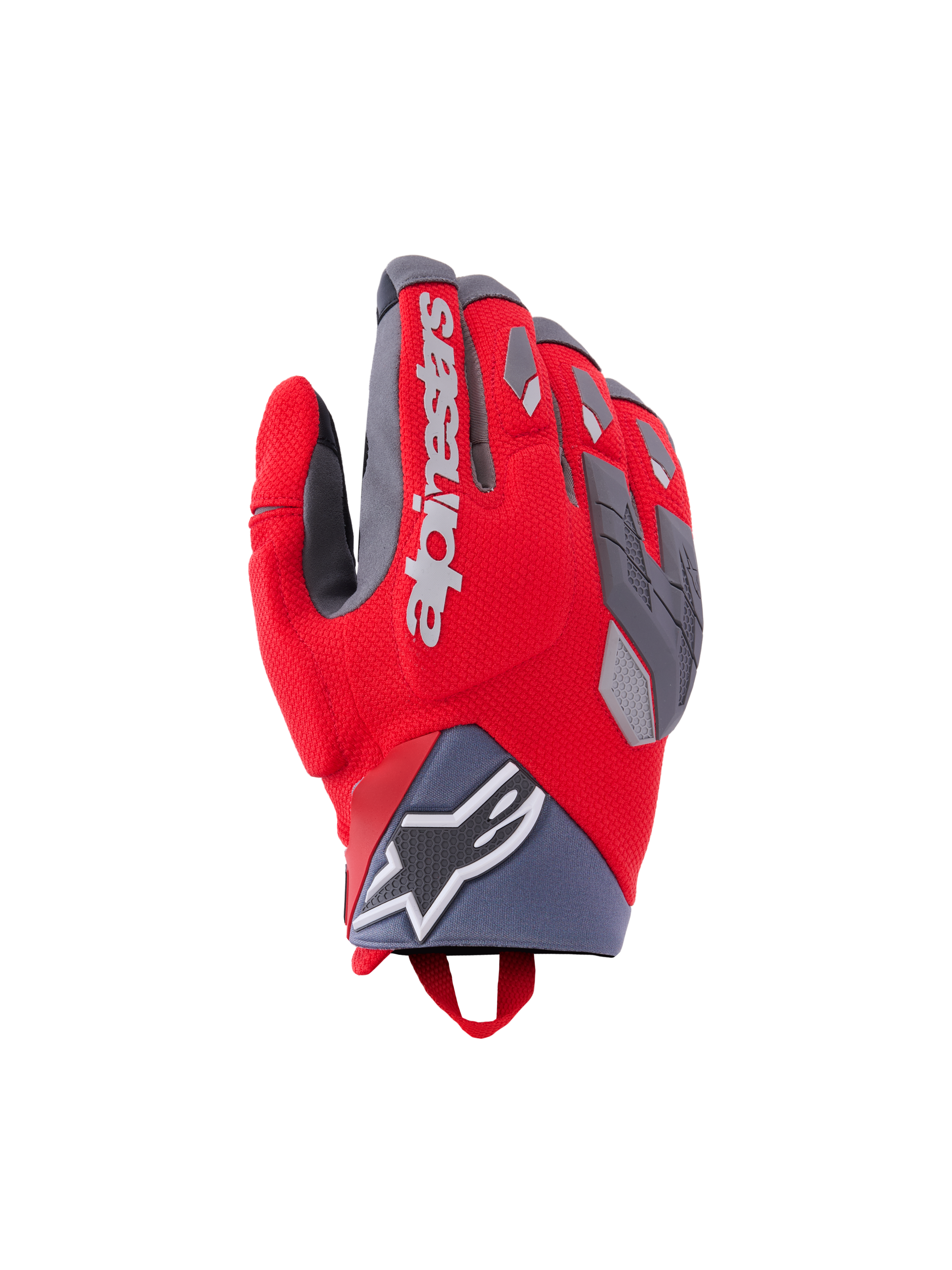 Alpinestars Durack-handskar, motorcykelhandskar, klarröda och mellangrå, med delat knogskydd och grå TPR-detaljer, vit Alpinestars-logotyp på handryggen, neoprenmudd med stjärnlogotyp och funktionell äventyrsdesign