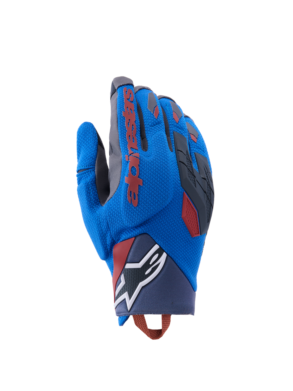 Alpinestars Durack-handskar, äventyrsmotorcykelhandskar, kungsblå och mörkgrå, textilhandrygg med TPR-knogskydd, röd Alpinestars-logotyp på pekfingret, vit stjärnlogotyp på handleden, lätt sommarskydd för dual sport