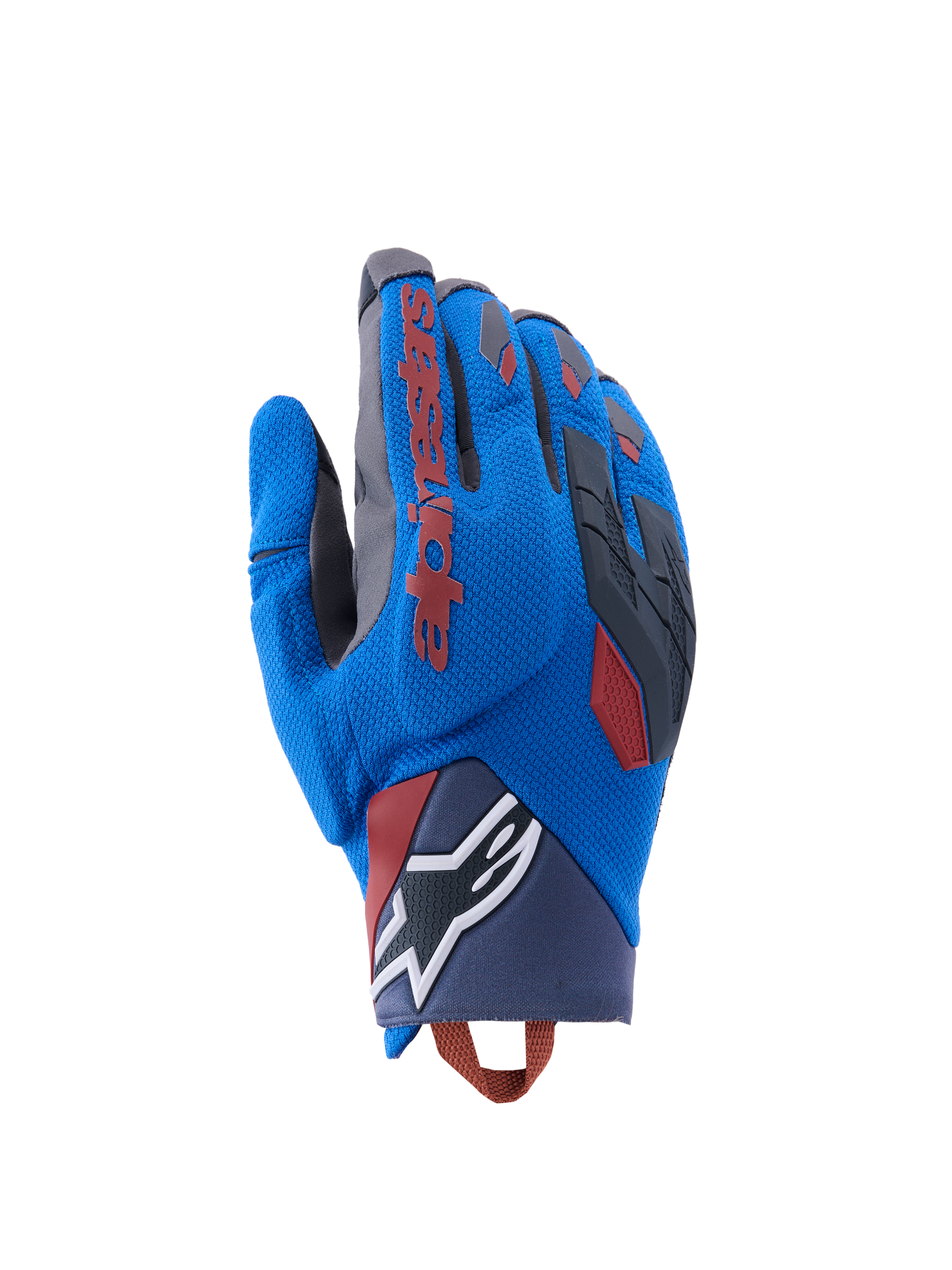Alpinestars Durack-handskar, äventyrsmotorcykelhandskar, kungsblå och mörkgrå, textilhandrygg med TPR-knogskydd, röd Alpinestars-logotyp på pekfingret, vit stjärnlogotyp på handleden, lätt sommarskydd för dual sport