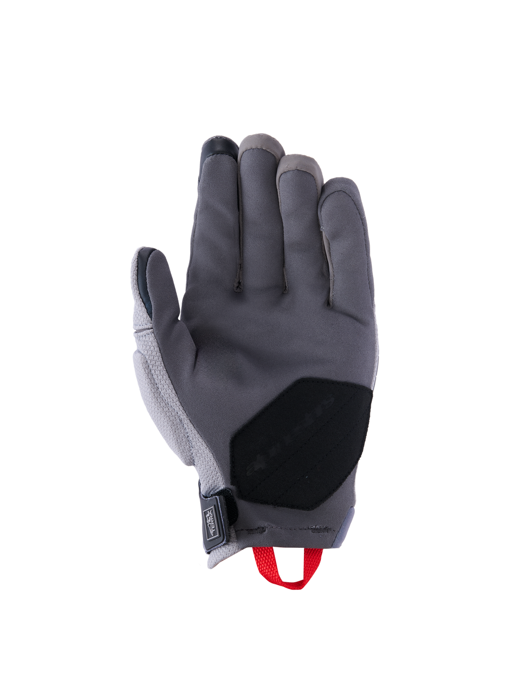 Alpinestars Durack-handskar, motorcykelhandskar, mörkgrå och mellangrå, handflatsvy med konstruktion i syntetisk mocka, svart förstärkt handflata, röd dragögla och handledsstängning i neopren, kort manschett för äventyrskörning