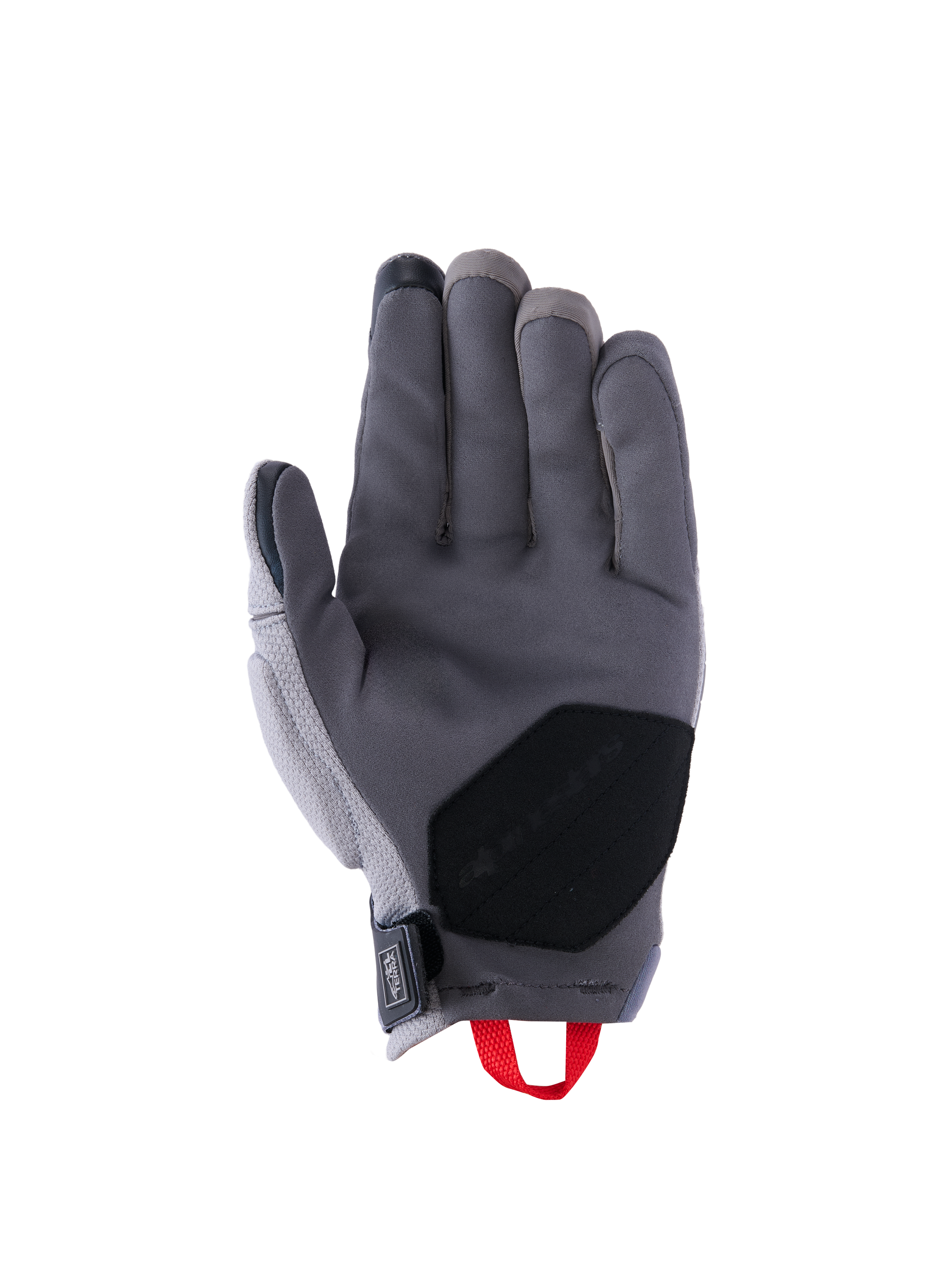 Alpinestars Durack-handskar, motorcykelhandskar, mörkgrå och mellangrå, handflatsvy med konstruktion i syntetisk mocka, svart förstärkt handflata, röd dragögla och handledsstängning i neopren, kort manschett för äventyrskörning