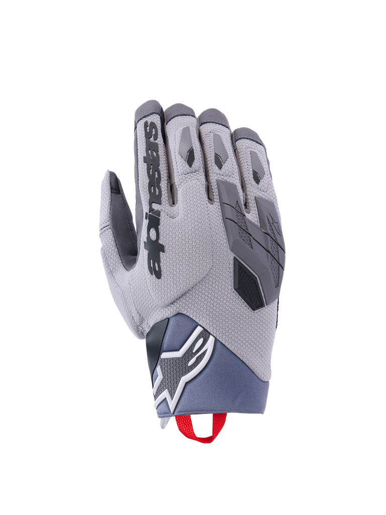Alpinestars Durack Gloves, Motorcycle Gloves, Gray with Black Accents, Textured Fabric, Reinforced Palm, Red Wrist Pull Tab, Modern Design for Protection and Grip