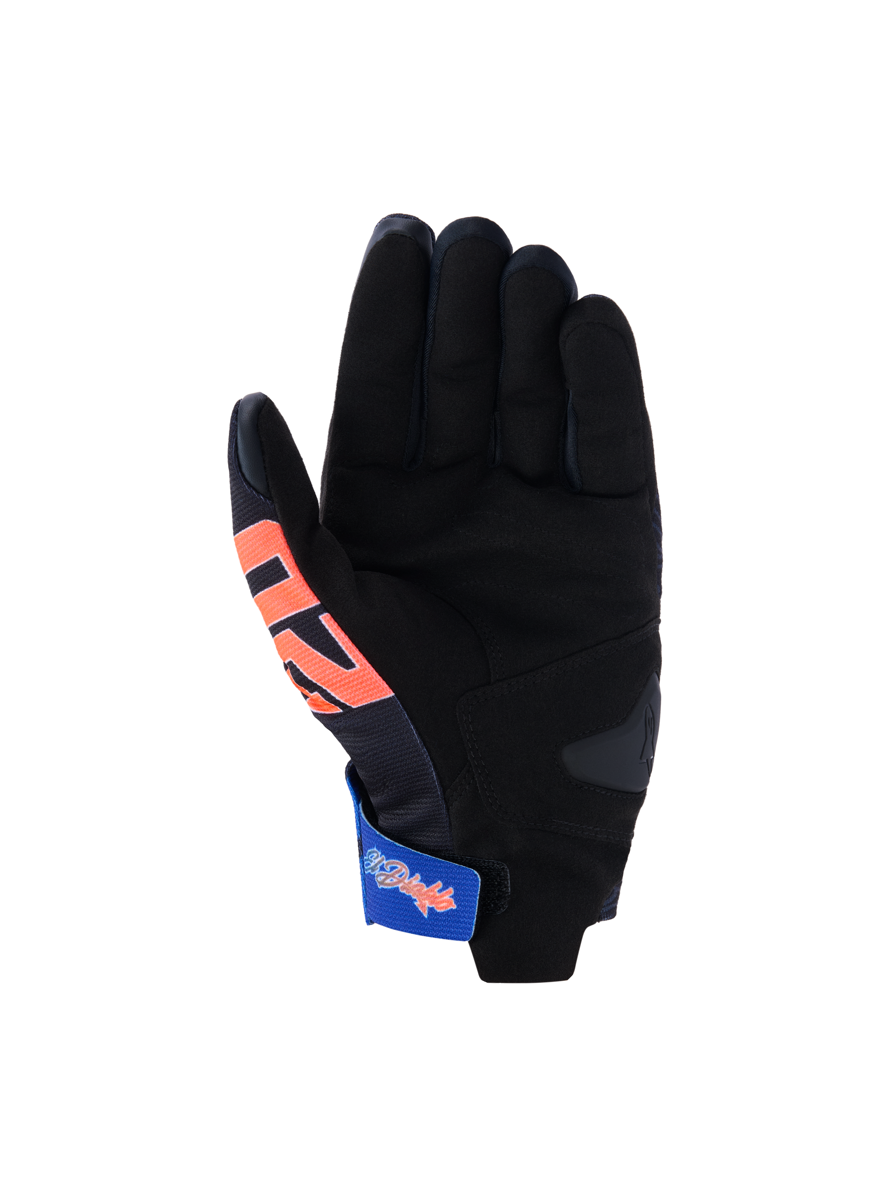 Alpinestars FQ20 Reef V2 Monster handskar, motorcykelhandskar, svarta med röda och blå detaljer, vy av handflatan med syntetisk mocka, vadderad förstärkning och en blå justerbar handledsrem med grafik, racing- och sportdesign med kort manschett