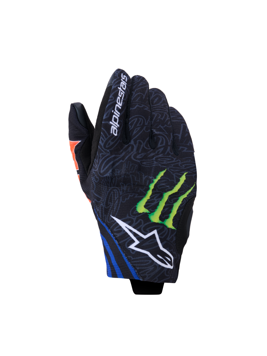Alpinestars FQ20 Reef V2 Monster-handskar, motorcykelhandskar, svarta med detaljer i rött fluo, blått och grönt, med Monster Energy-klömlogotyp och vit Alpinestars stjärnlogotyp, kort manschettdesign med gråmönstrad textil