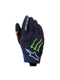 Alpinestars FQ20 Reef V2 Monster-handskar, motorcykelhandskar, svarta med detaljer i rött fluo, blått och grönt, med Monster Energy-klömlogotyp och vit Alpinestars stjärnlogotyp, kort manschettdesign med gråmönstrad textil