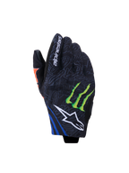 Alpinestars FQ20 Reef V2 Monster-handskar, motorcykelhandskar, svarta med detaljer i rött fluo, blått och grönt, med Monster Energy-klömlogotyp och vit Alpinestars stjärnlogotyp, kort manschettdesign med gråmönstrad textil