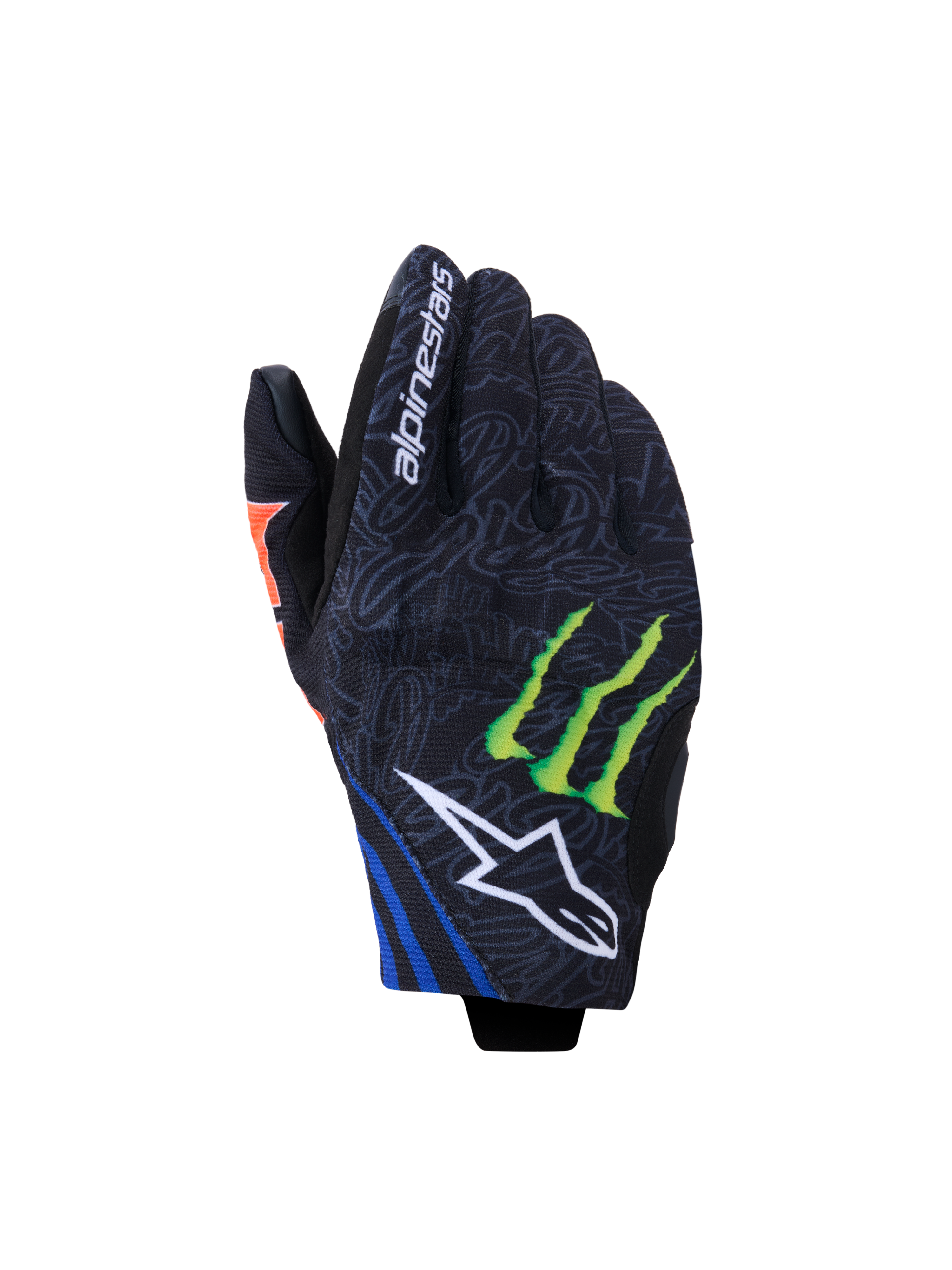 Alpinestars FQ20 Reef V2 Monster-handskar, motorcykelhandskar, svarta med detaljer i rött fluo, blått och grönt, med Monster Energy-klömlogotyp och vit Alpinestars stjärnlogotyp, kort manschettdesign med gråmönstrad textil